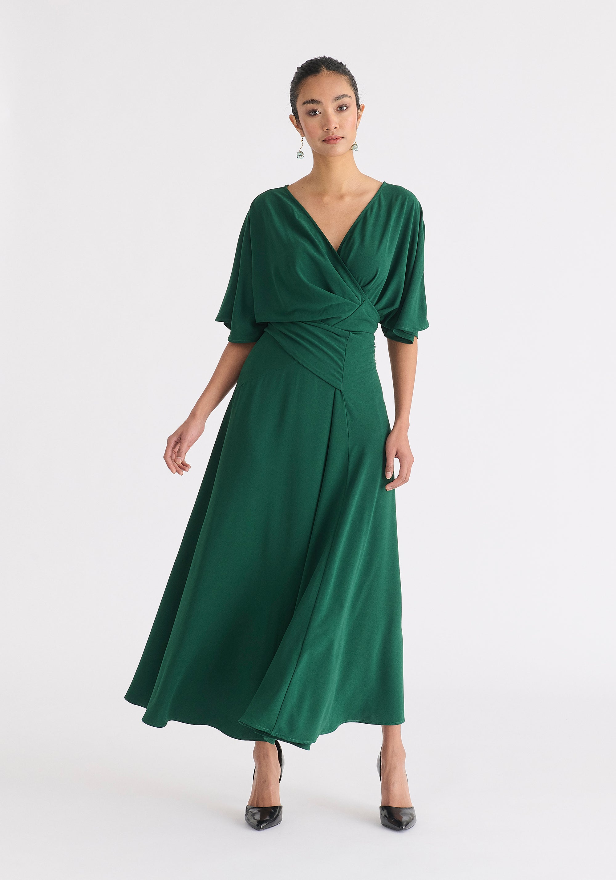 Flare Sleeves Maxi Wrap Dress in Green