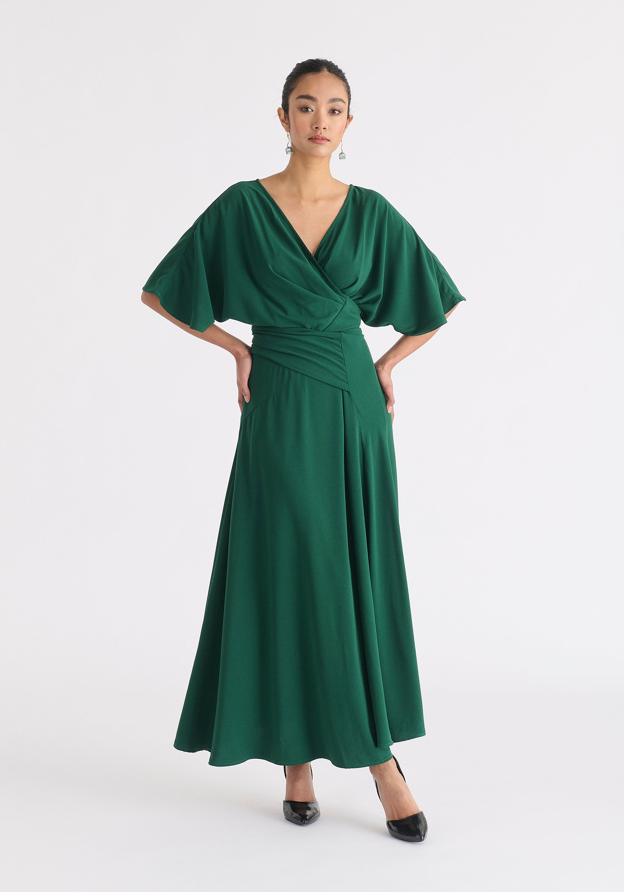 Flare Sleeves Maxi Wrap Dress in Green