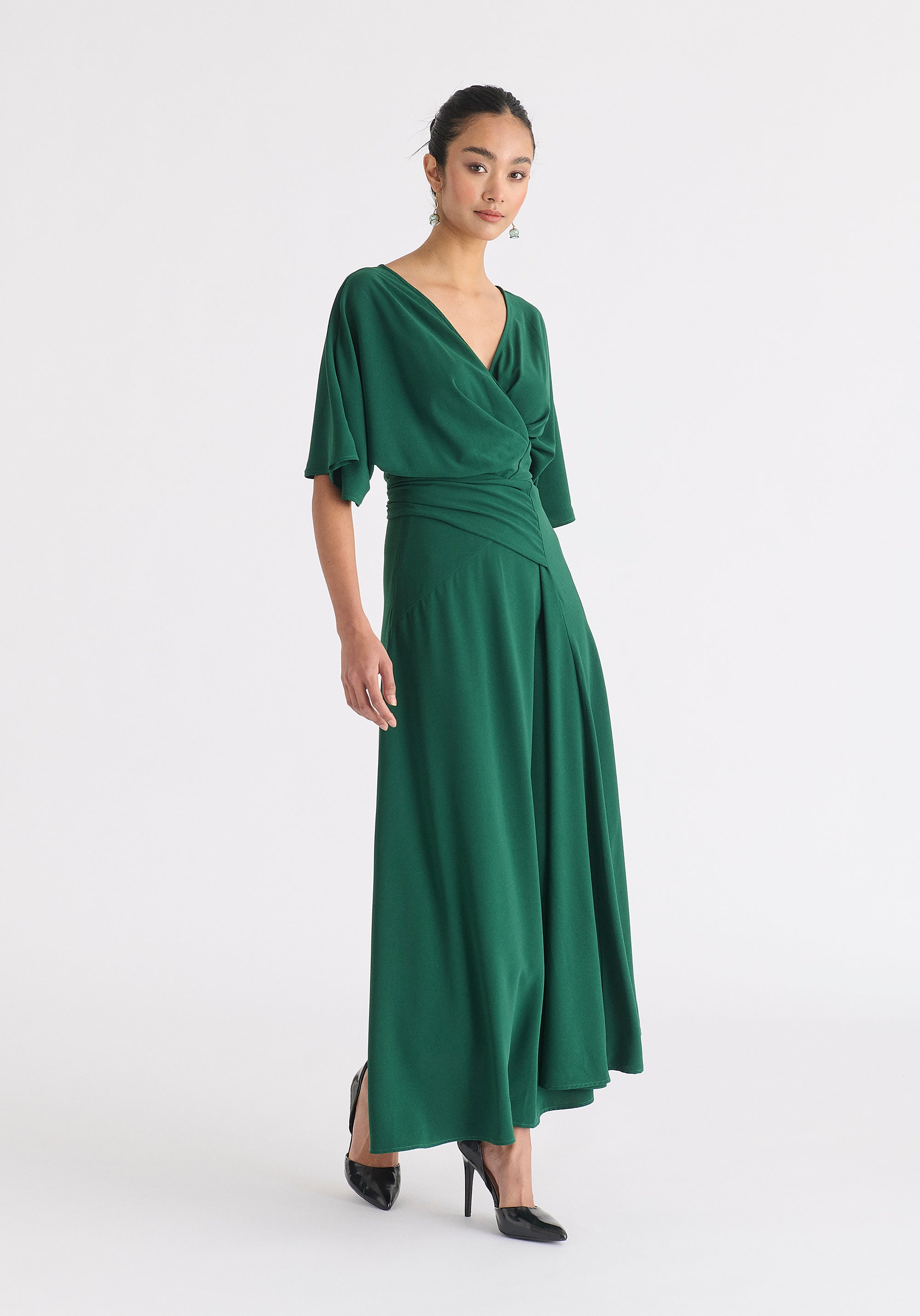 Flare Sleeves Maxi Wrap Dress in Green