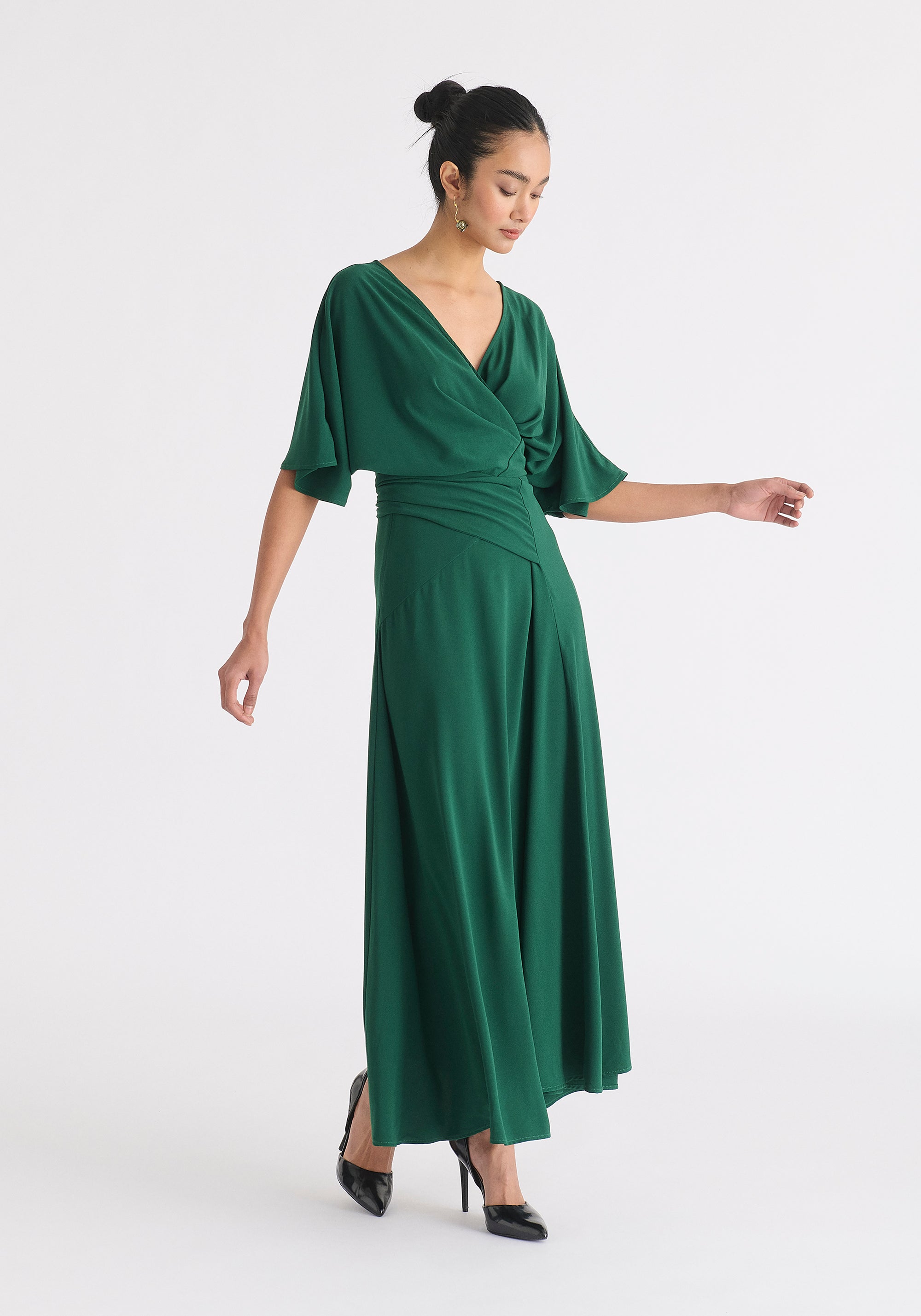 Flare Sleeves Maxi Wrap Dress in Green Side