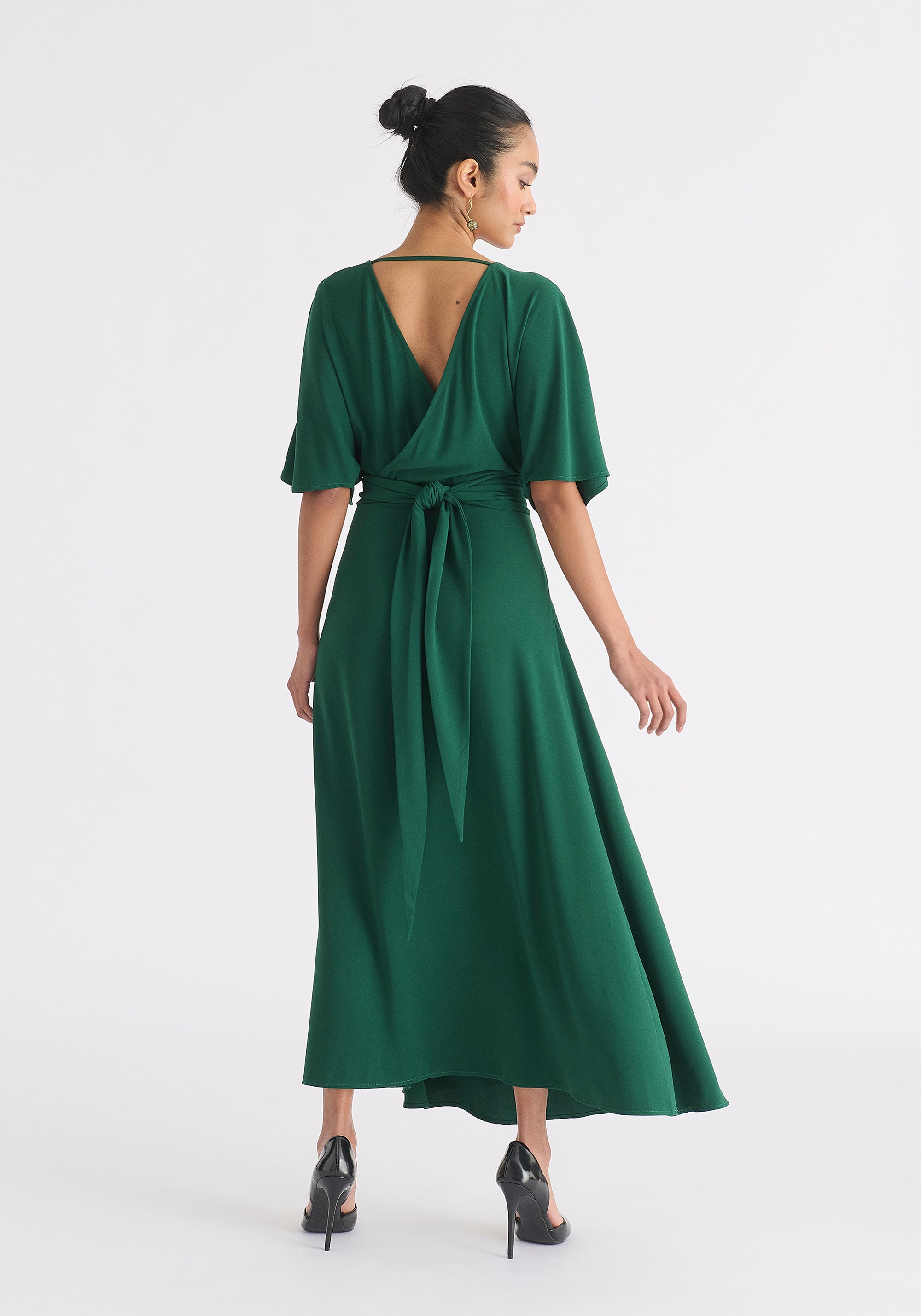 Flare Sleeves Maxi Wrap Dress in Green Back