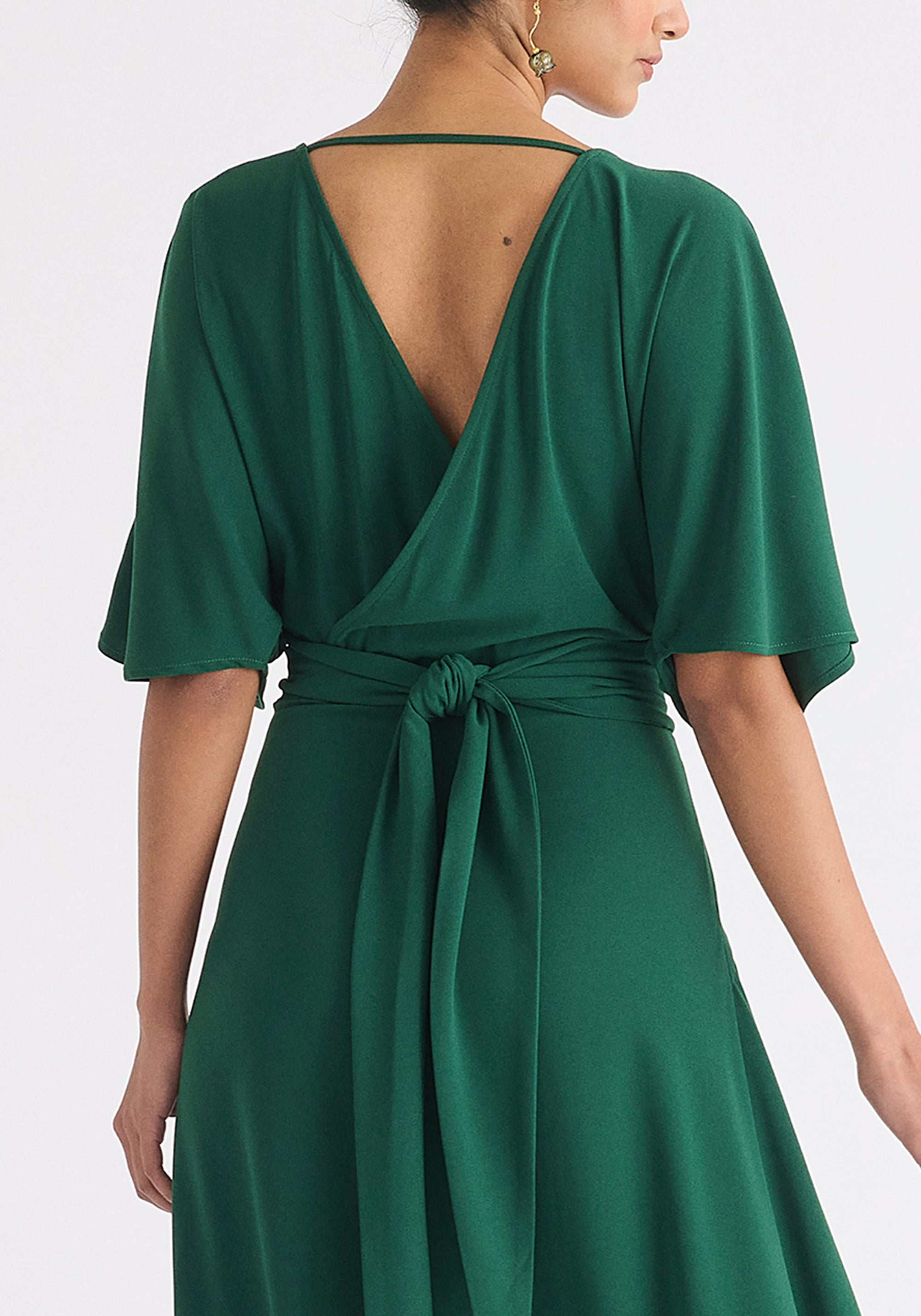 Flare Sleeves Maxi Wrap Dress in Green Close Up