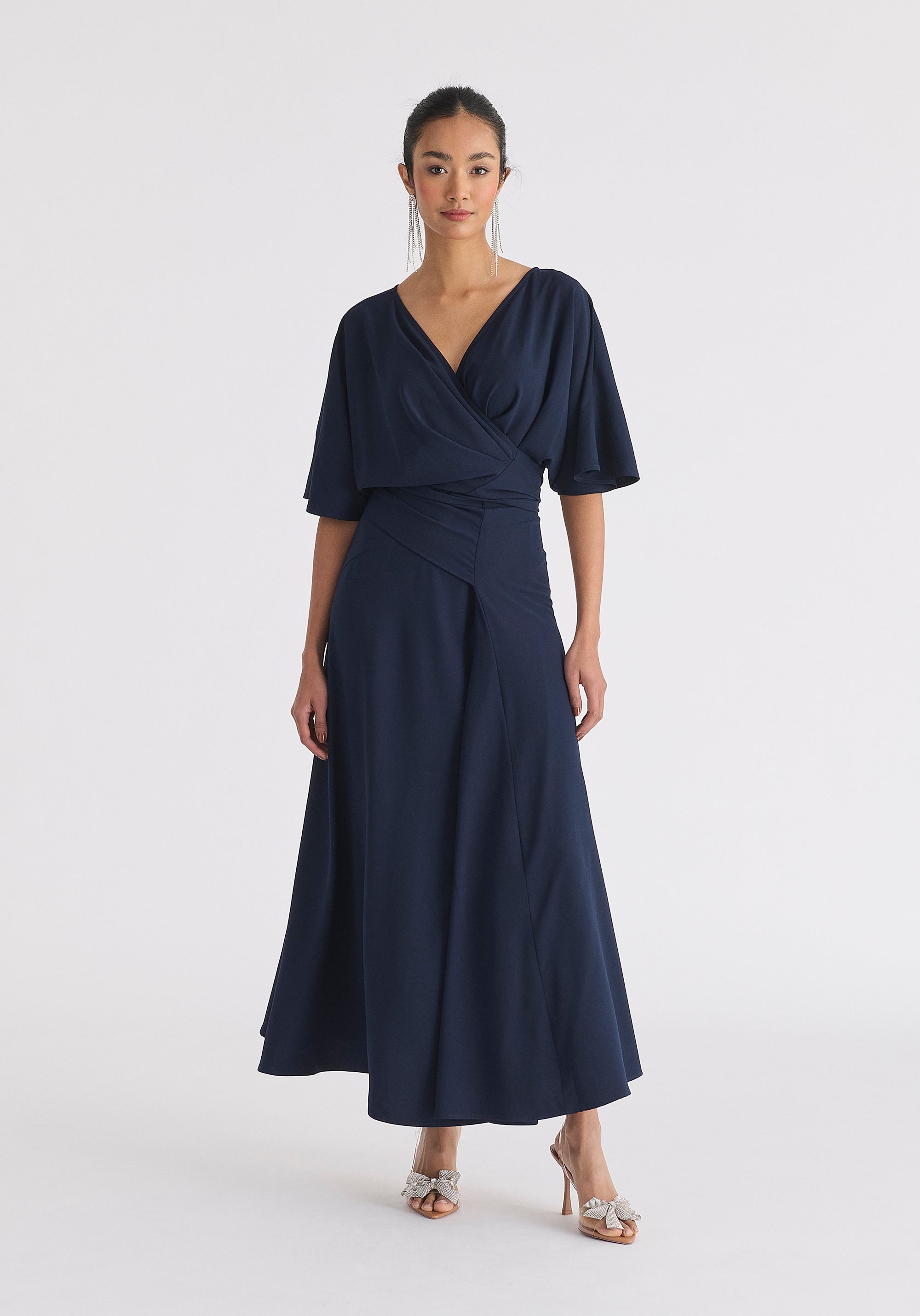 Flare Sleeves Maxi Wrap Dress in Navy