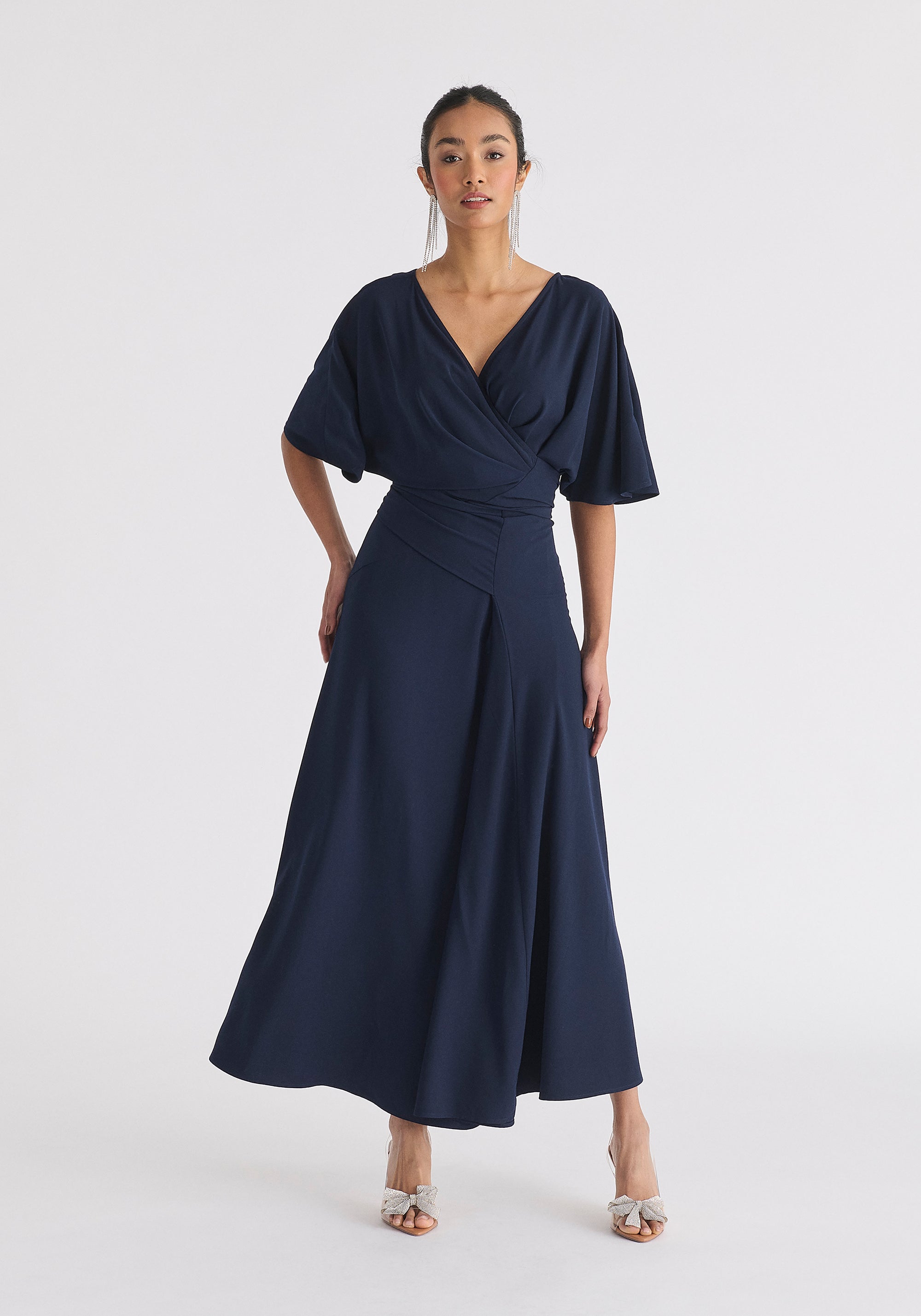 Flare Sleeves Maxi Wrap Dress in Navy