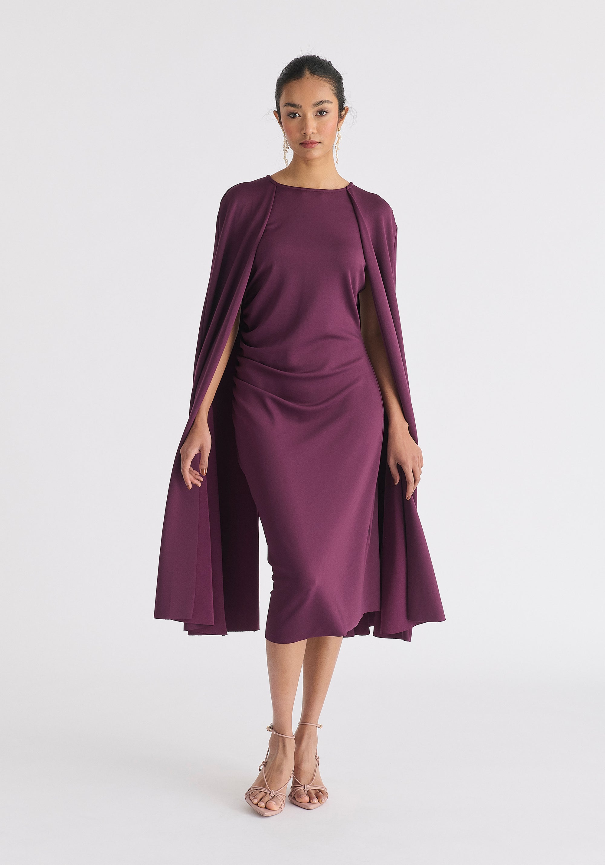 Cape Sleeves Dress with Waist Details in Midnight Plum