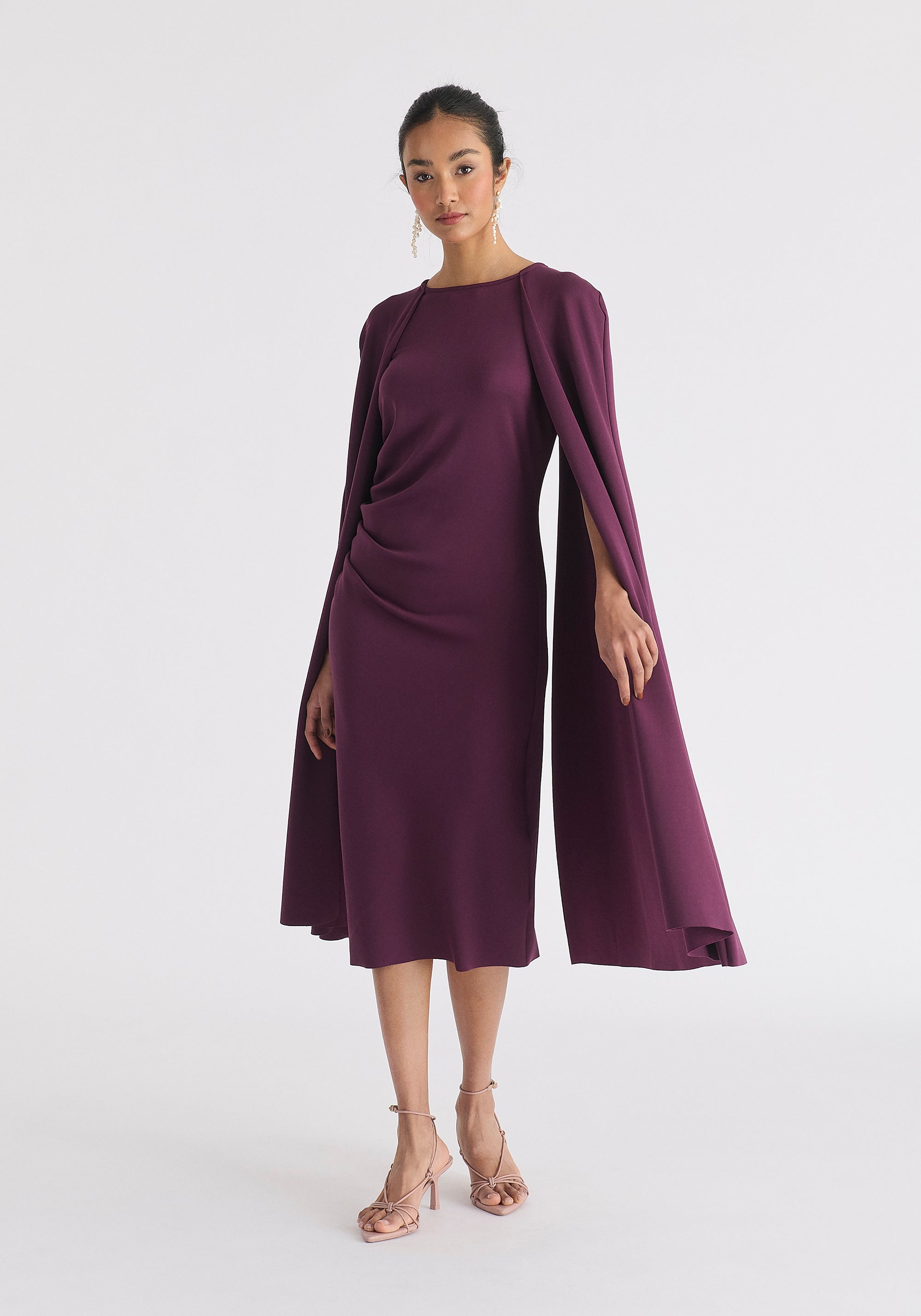 Cape Sleeves Dress with Waist Details in Midnight Plum