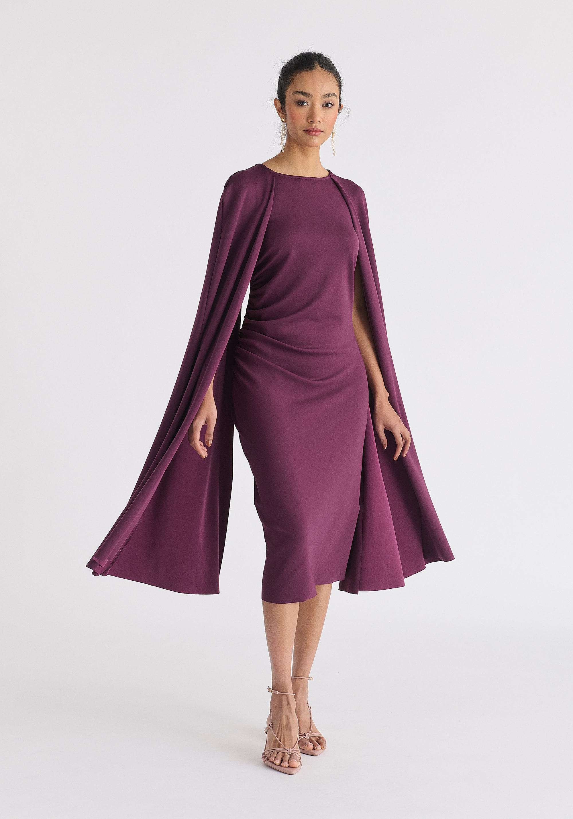 Cape Sleeves Dress with Waist Details in Midnight Plum