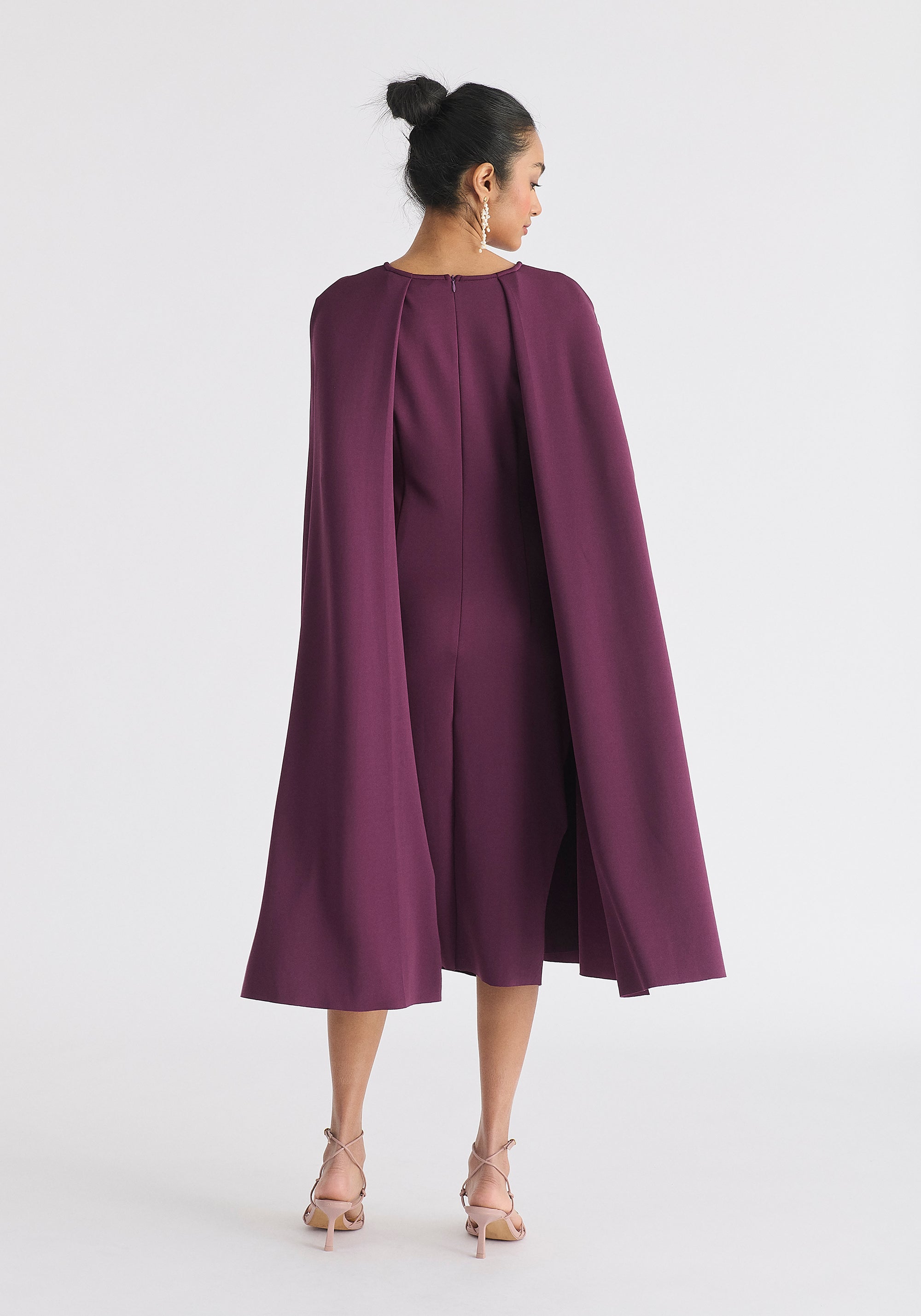 Cape Sleeves Dress with Waist Details in Midnight Plum Back