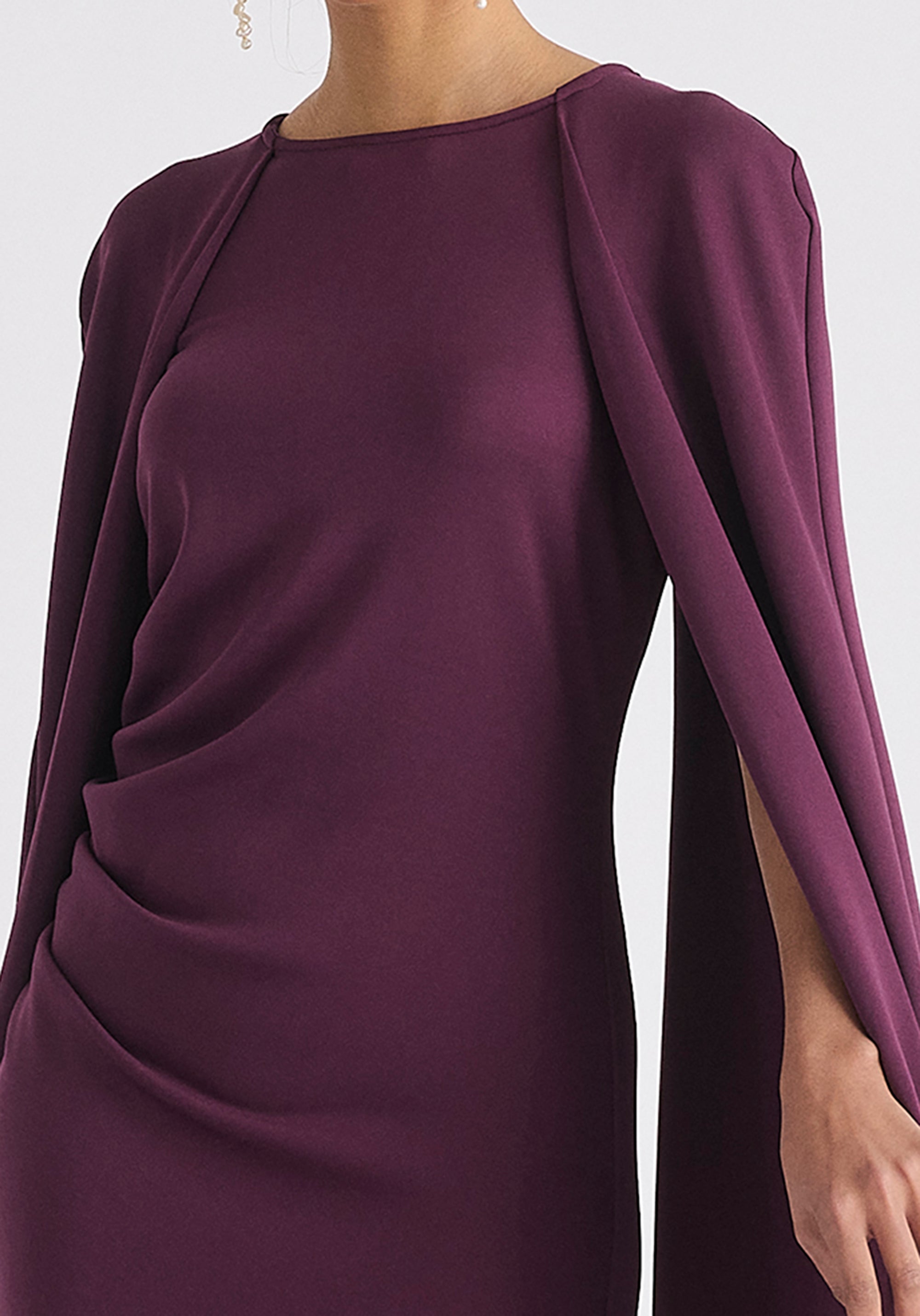 Cape Sleeves Dress with Waist Details in Midnight Plum Close Up