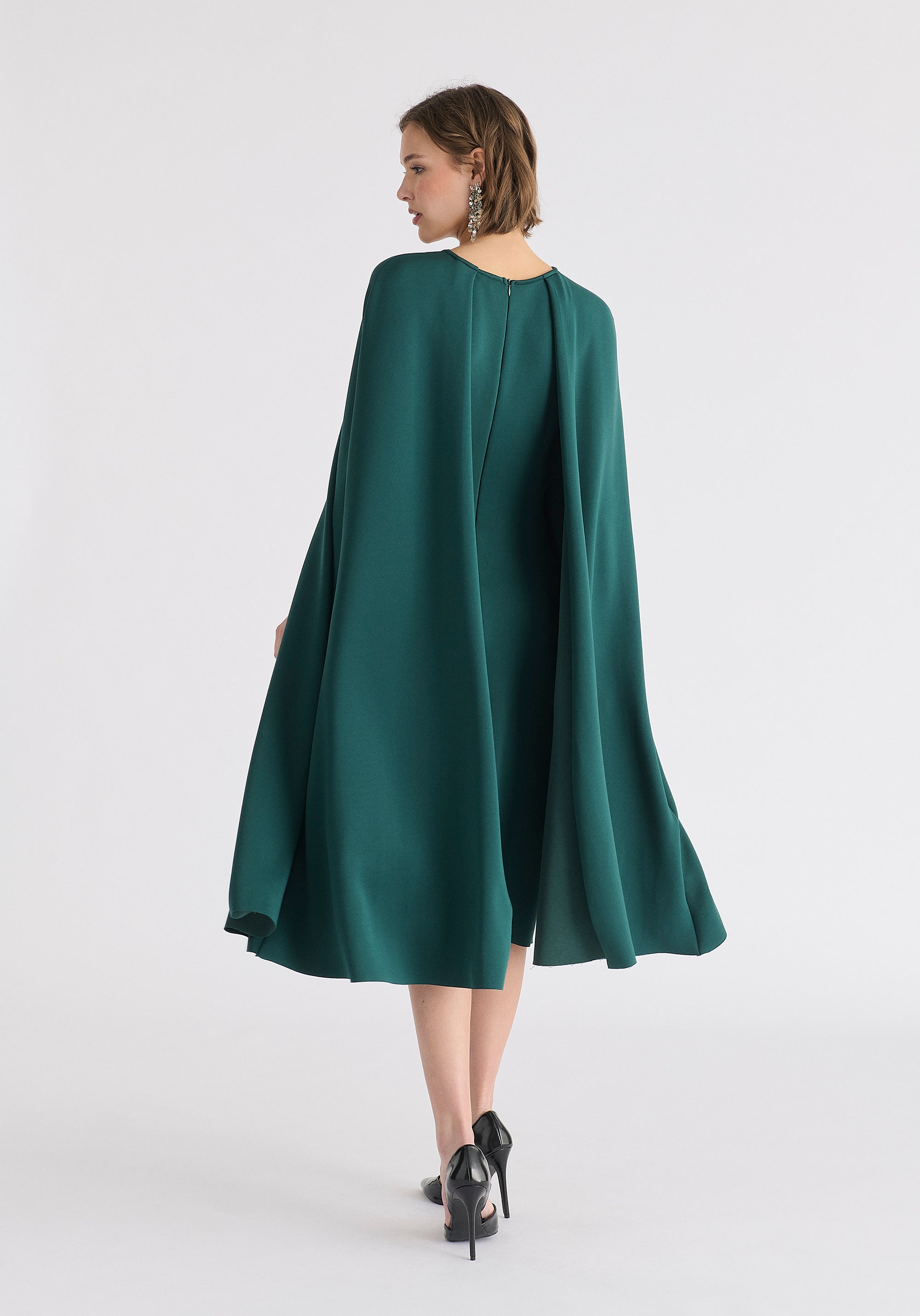 Cape Sleeves Dress with Waist Details in Green Back