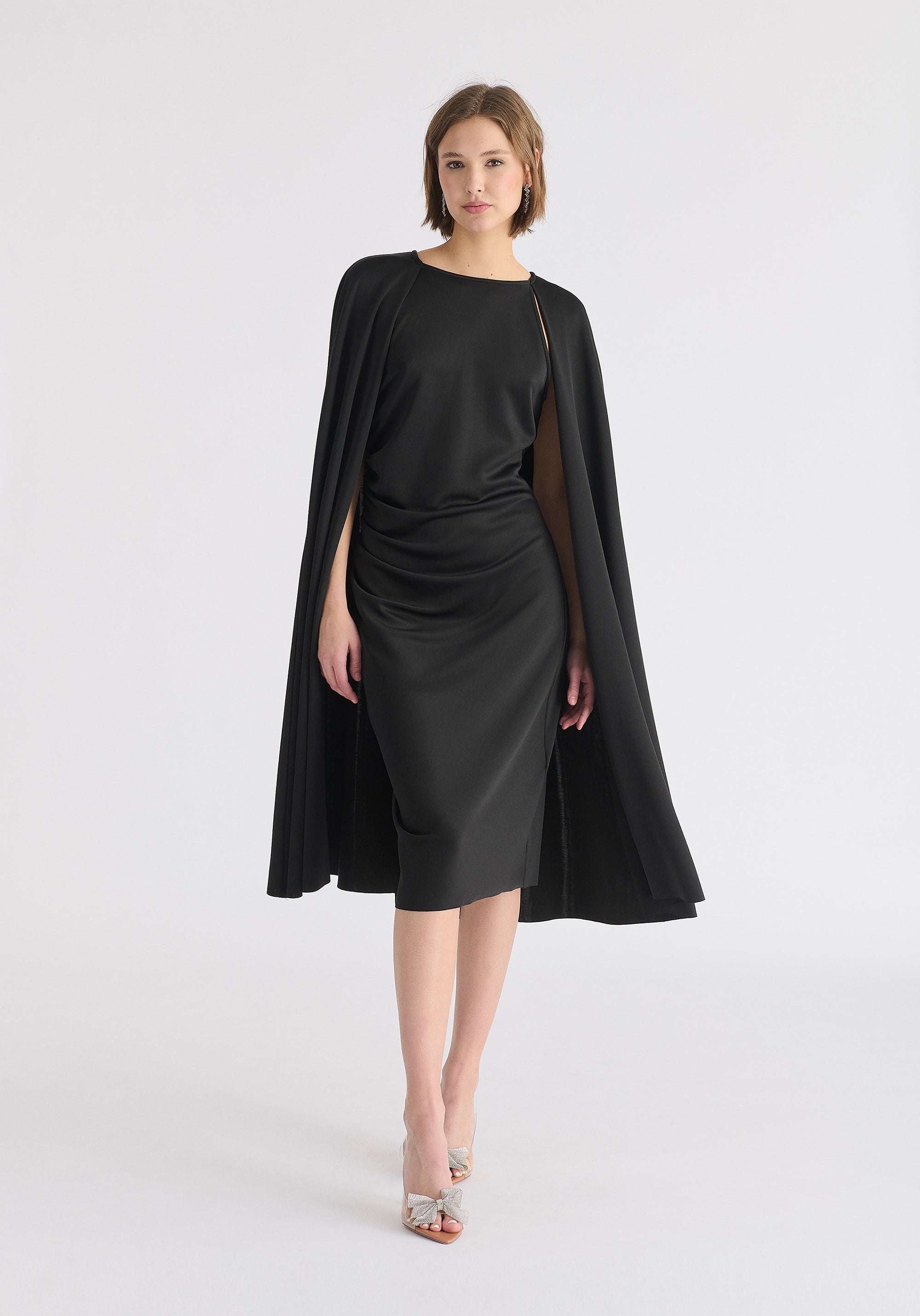 Cape Sleeves Dress with Waist Details in Black