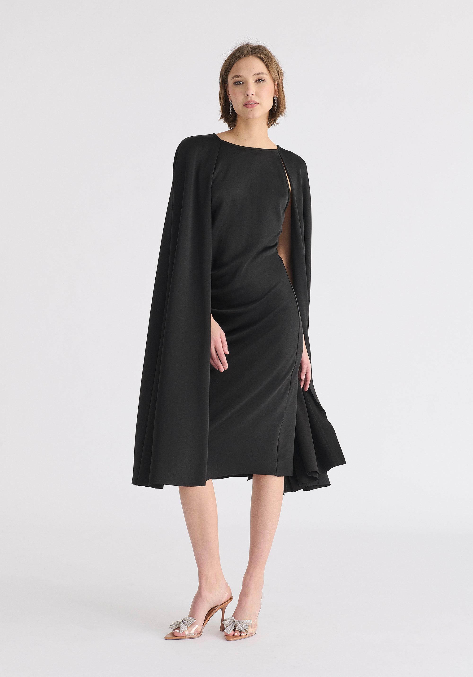 Cape Sleeves Dress with Waist Details in Black