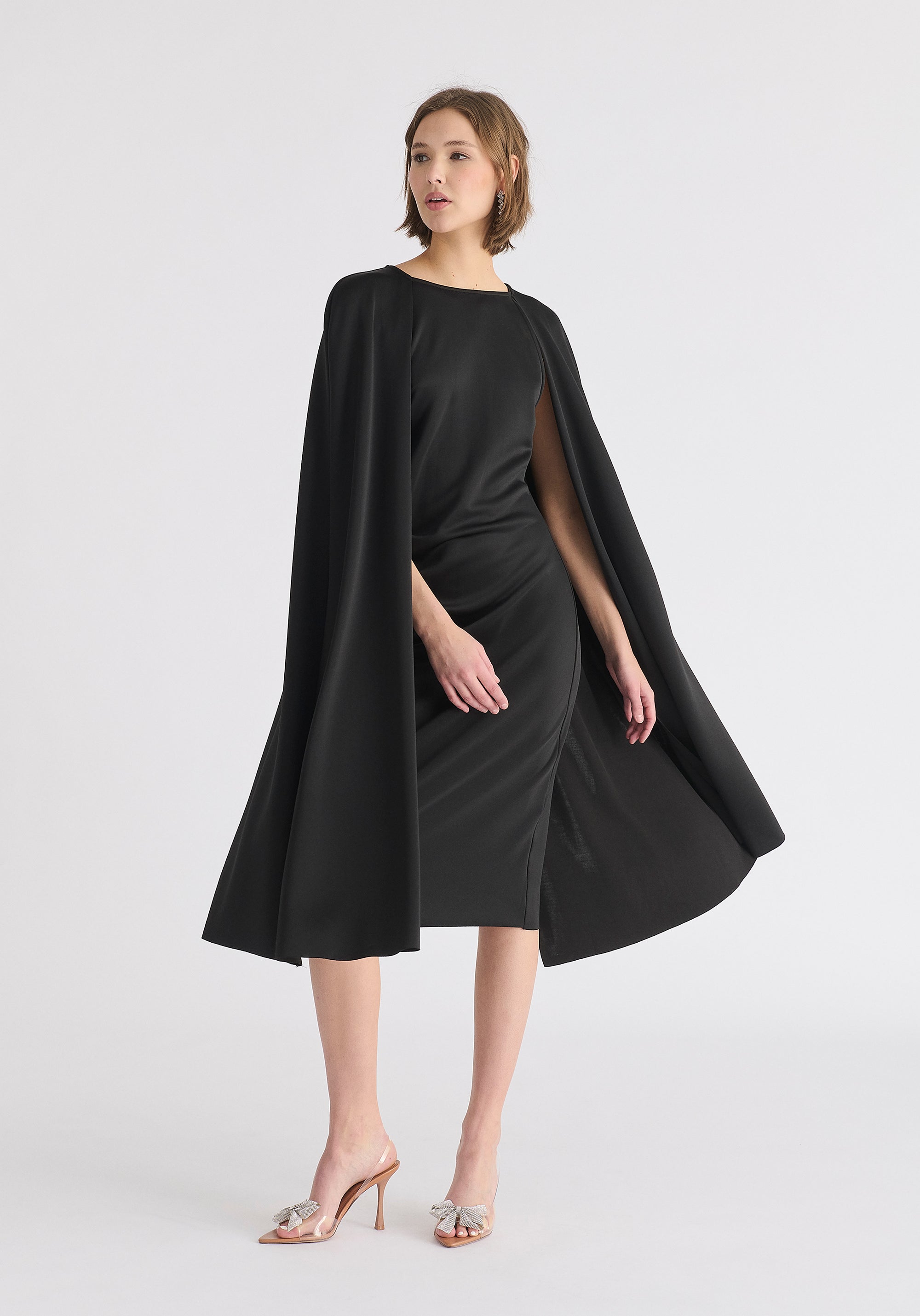 Cape Sleeves Dress with Waist Details in Black