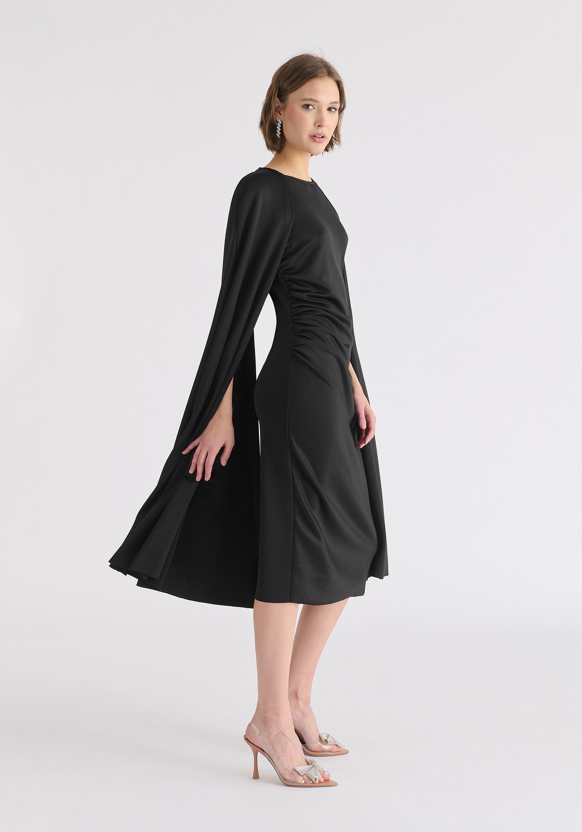 Cape Sleeves Dress with Waist Details in Black Side