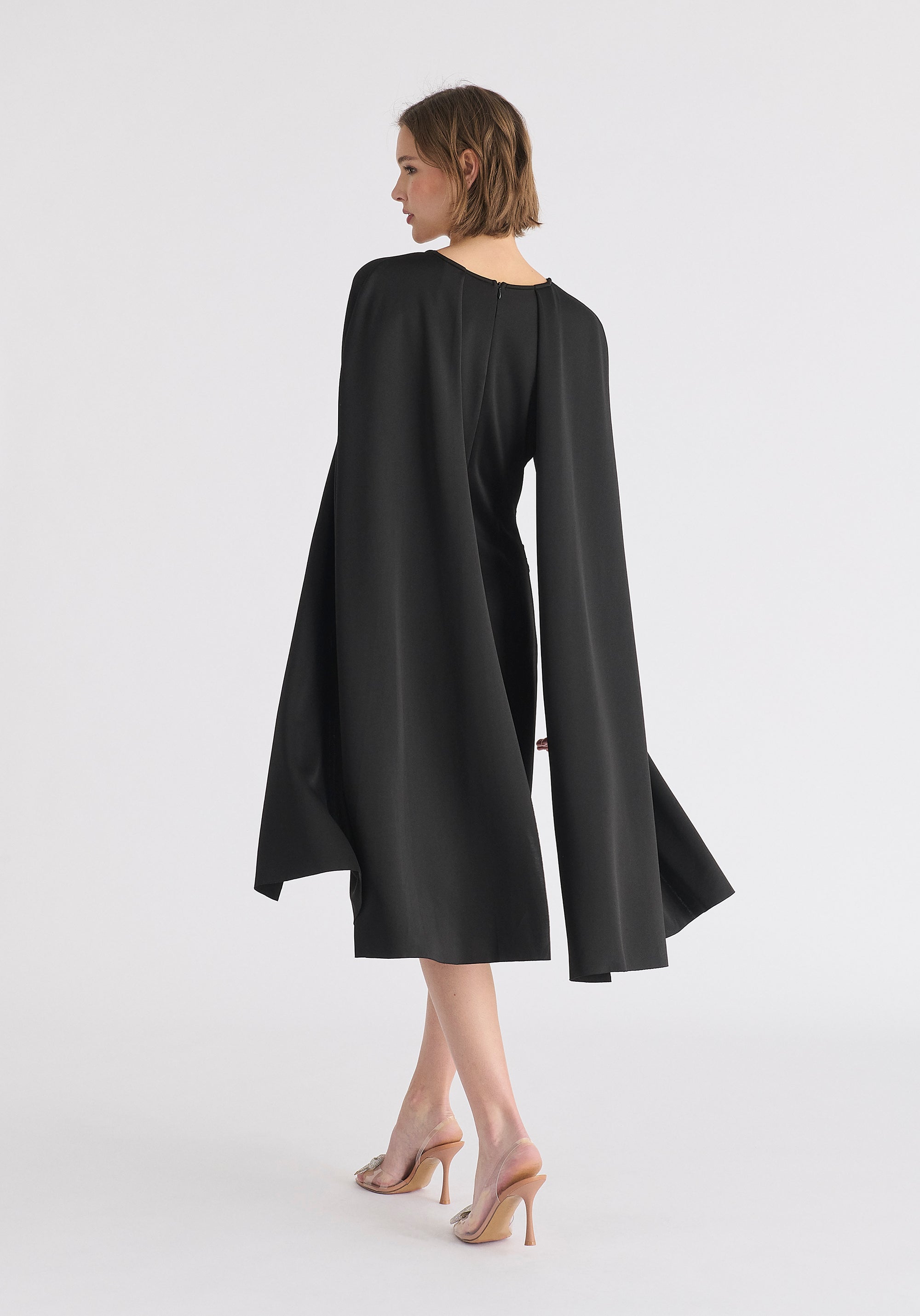 Cape Sleeves Dress with Waist Details in Black Back