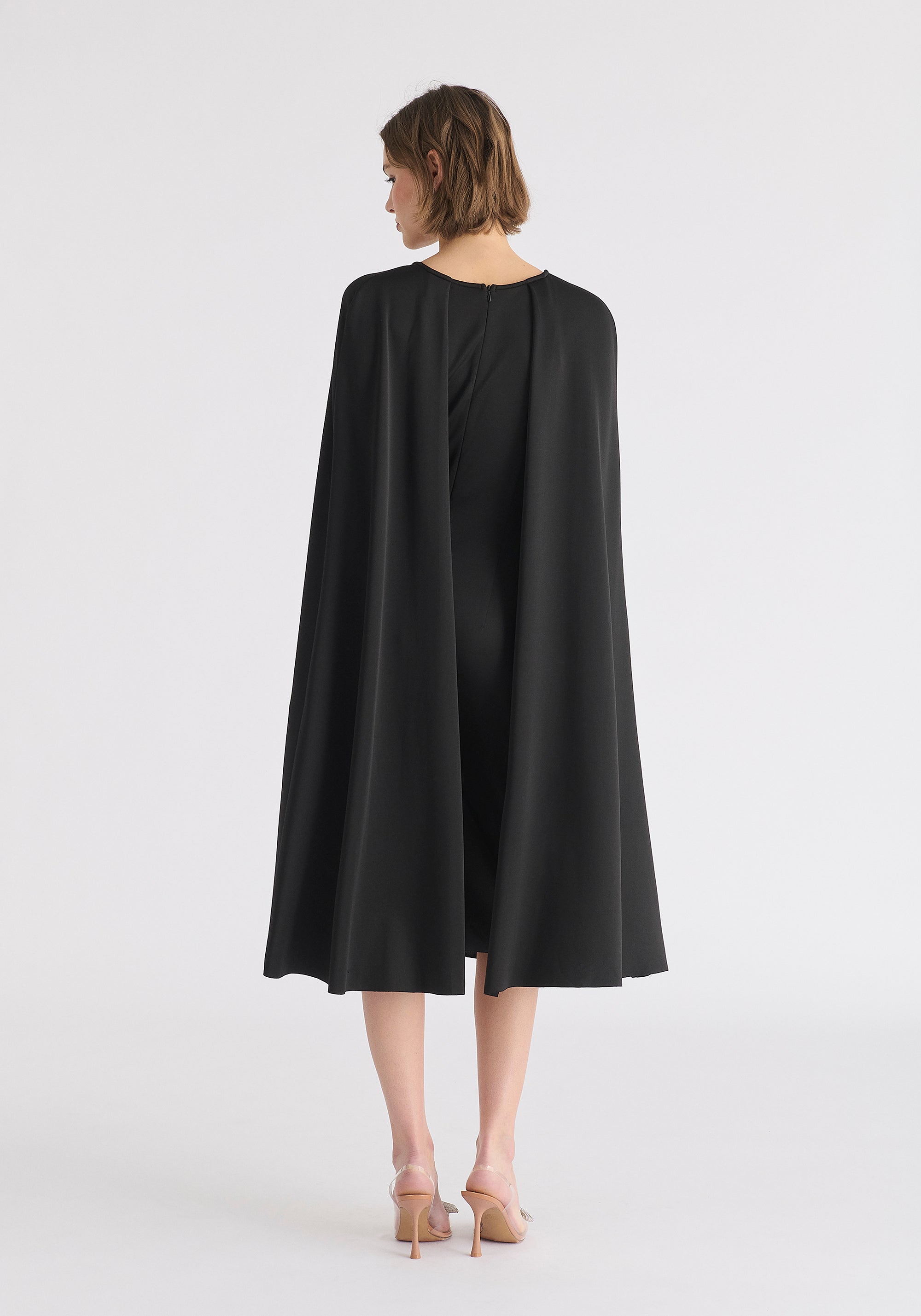 Cape Sleeves Dress with Waist Details in Black Back