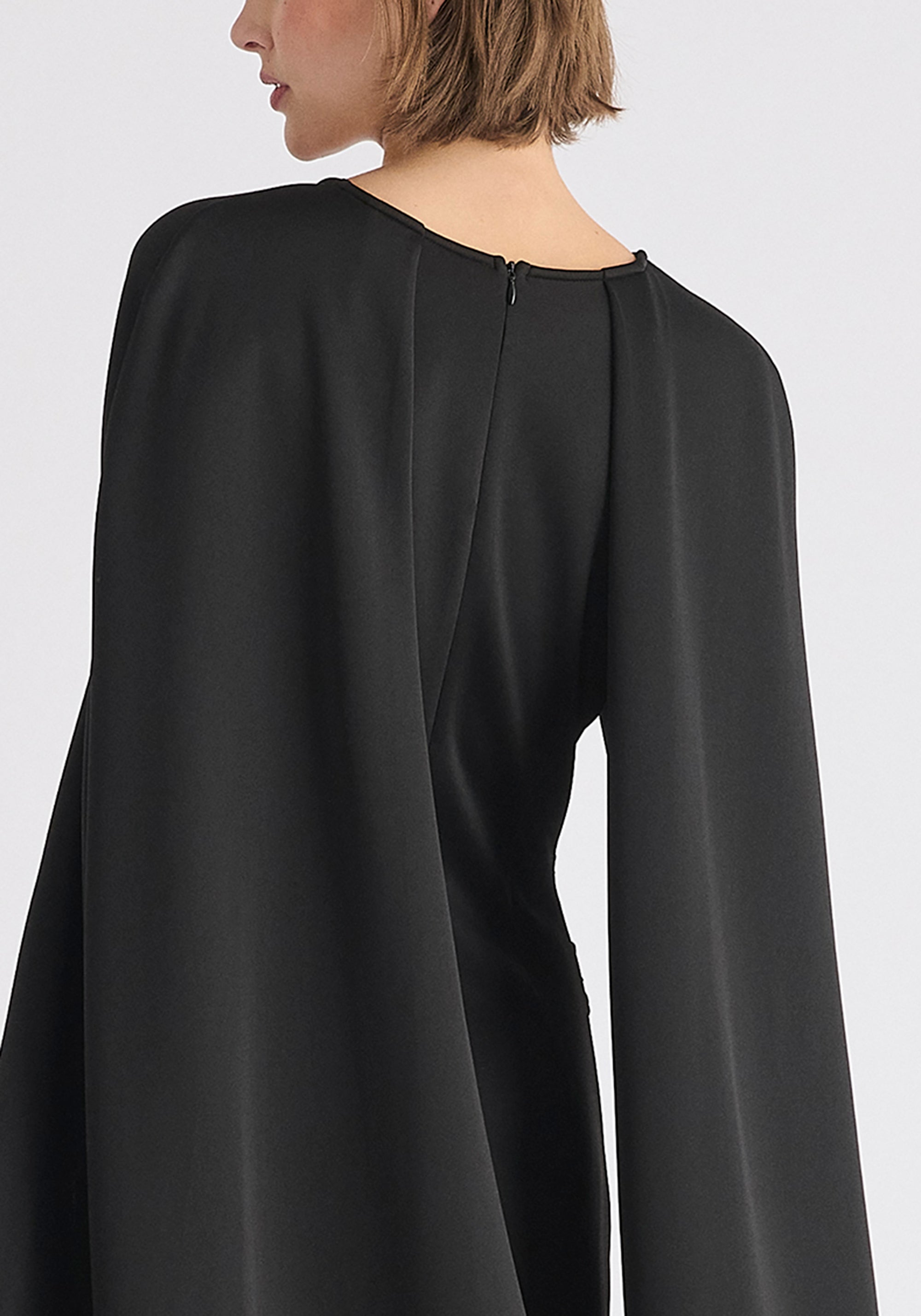 Cape Sleeves Dress with Waist Details in Black Close Up