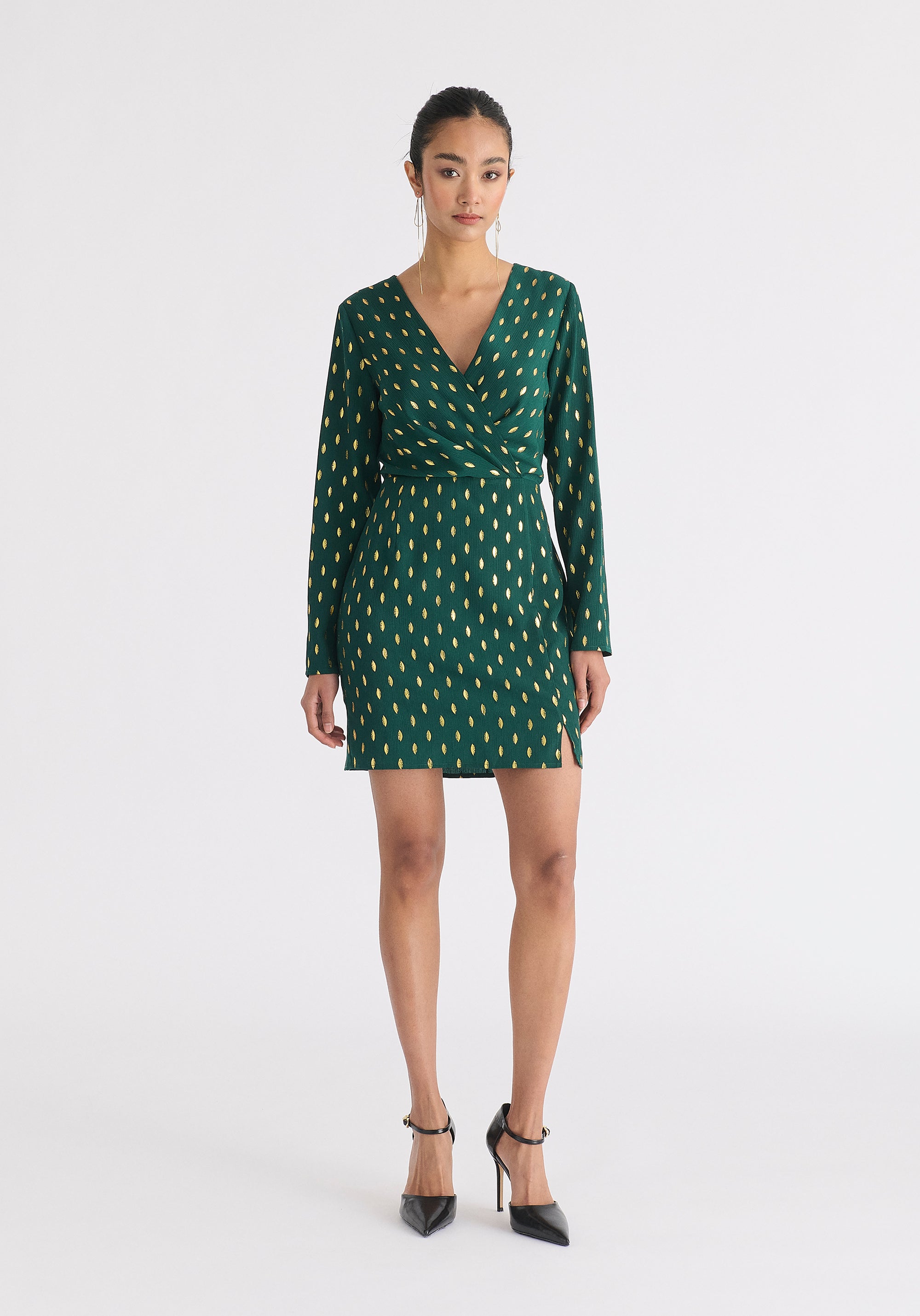 Gold Foil Print Mini Wrap Dress with Slit in Dark Green and Gold