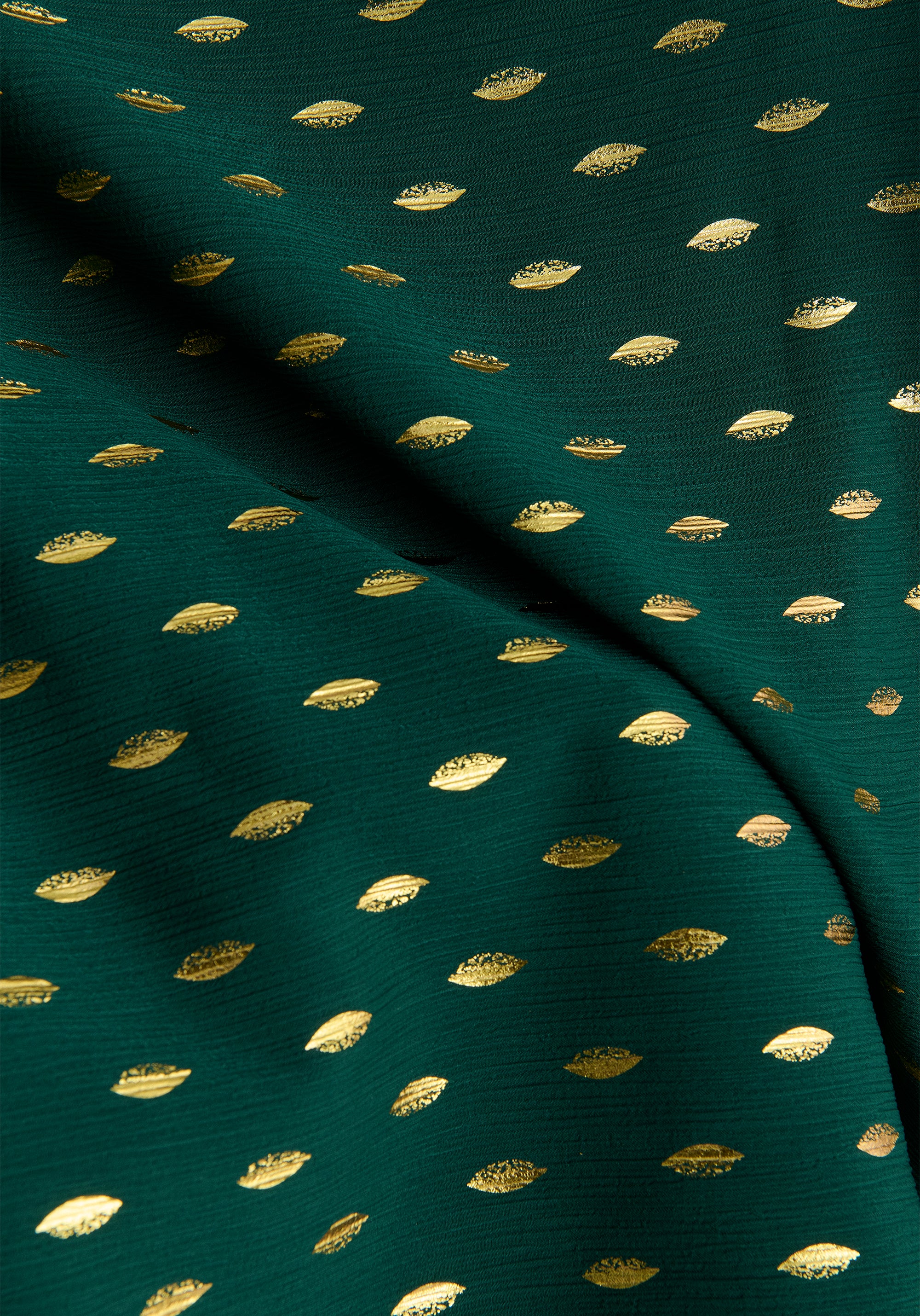 Gold Foil Print Mini Wrap Dress with Slit in Dark Green and Gold Close Up