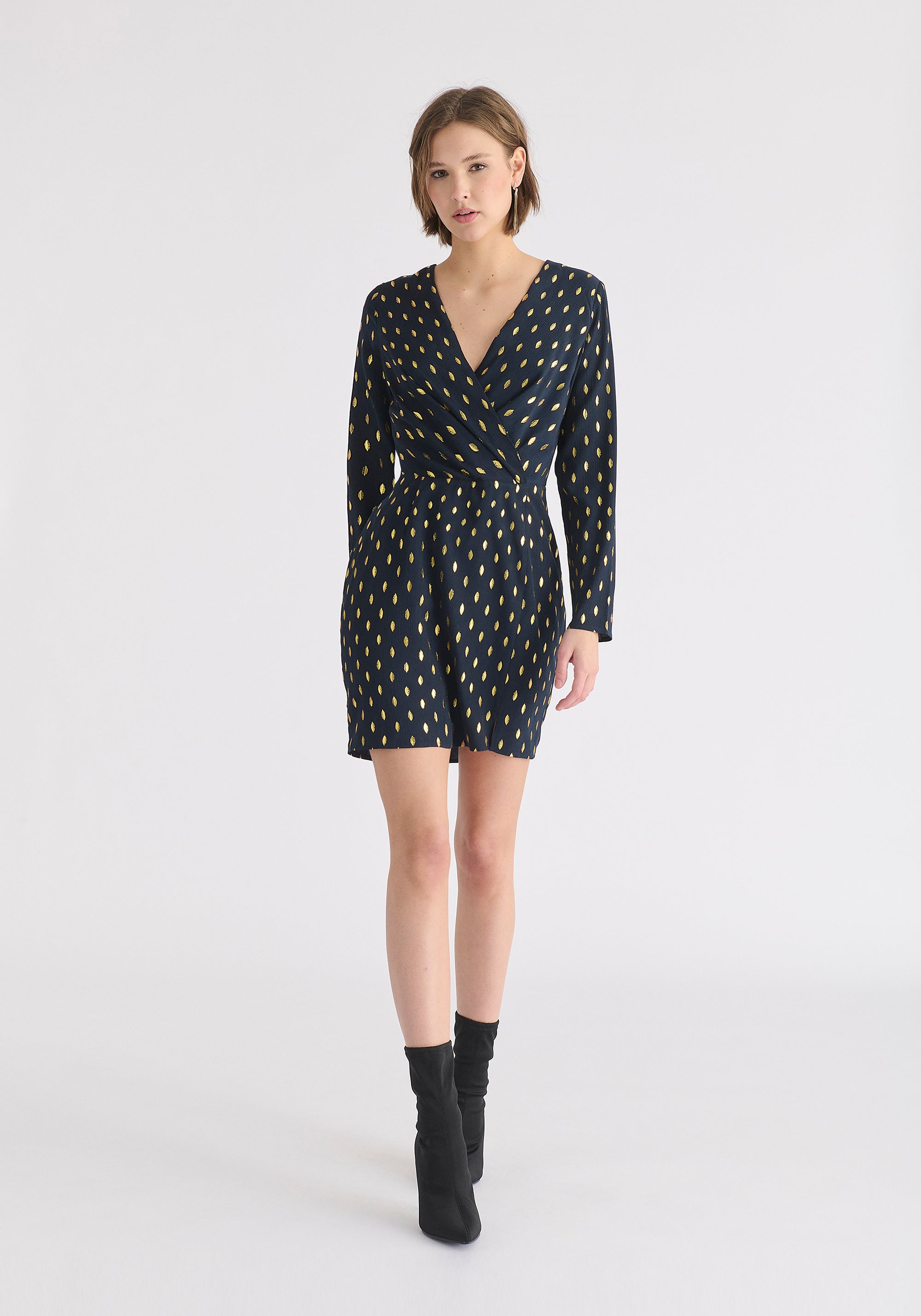 Gold Foil Print Mini Wrap Dress with Slit in Navy and Gold