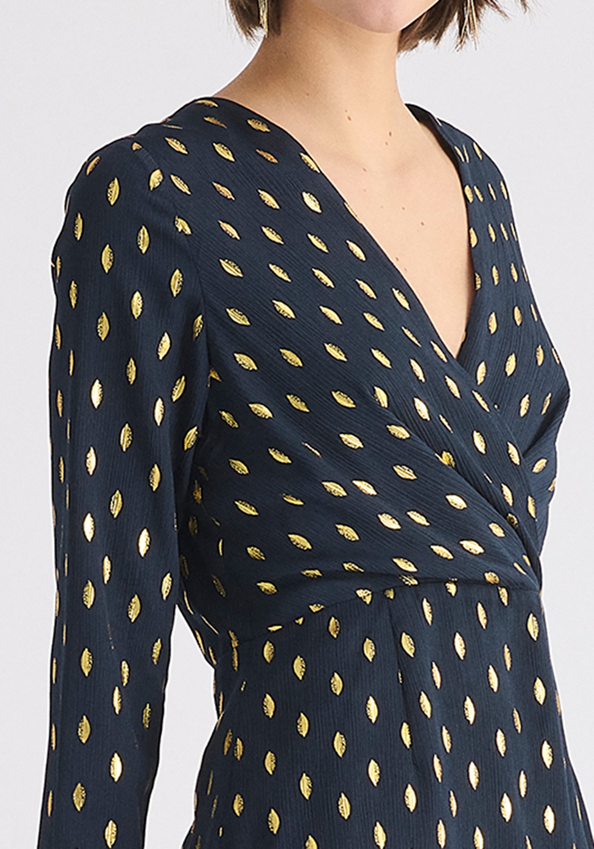 Gold Foil Print Mini Wrap Dress with Slit in Navy and Gold Close Up