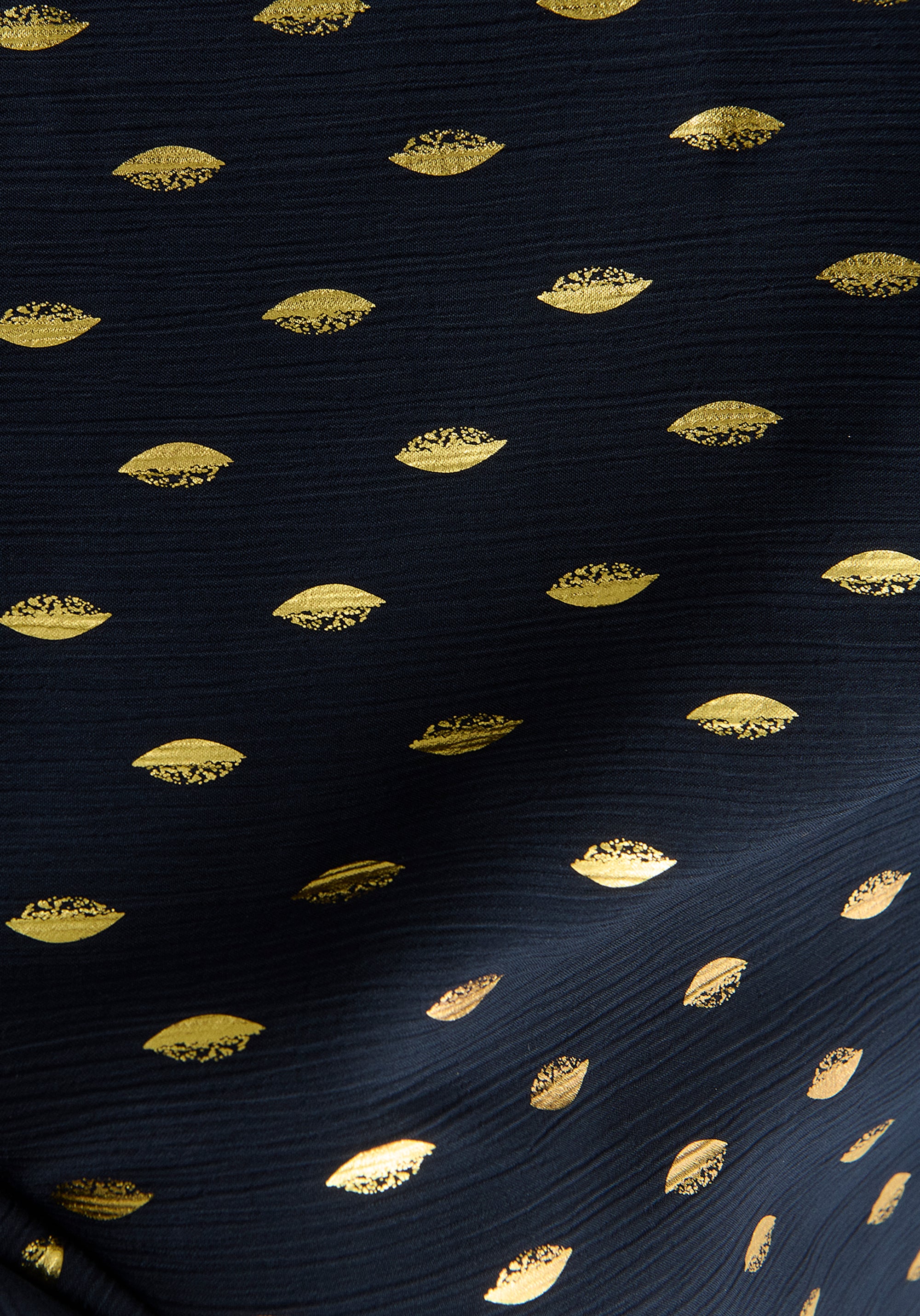 Gold Foil Print Mini Wrap Dress with Slit in Navy and Gold Close Up