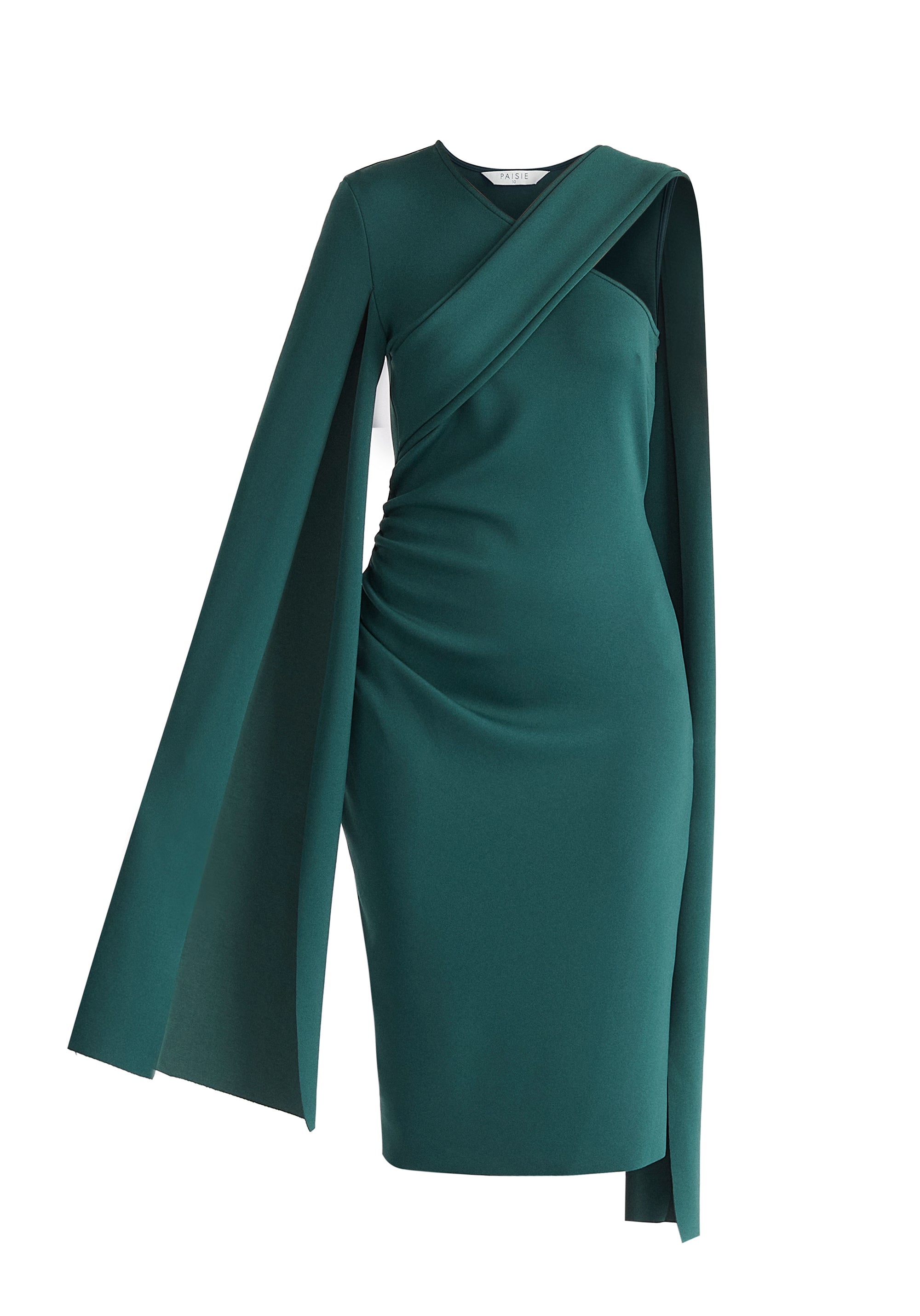 Asymmetric Draped Cape Sleeve Dress in Green Cut Out