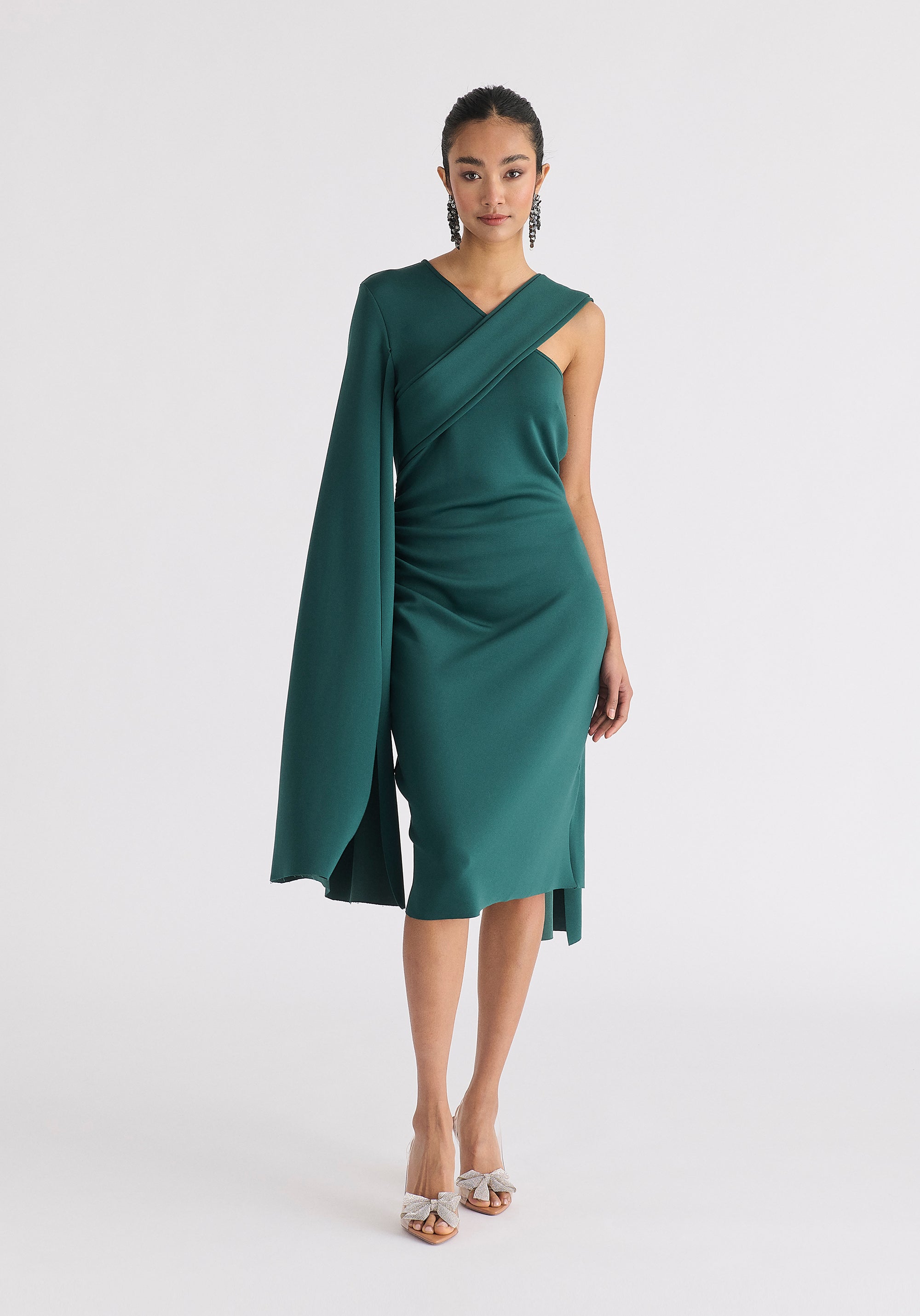 Asymmetric Draped Cape Sleeve Dress in Green