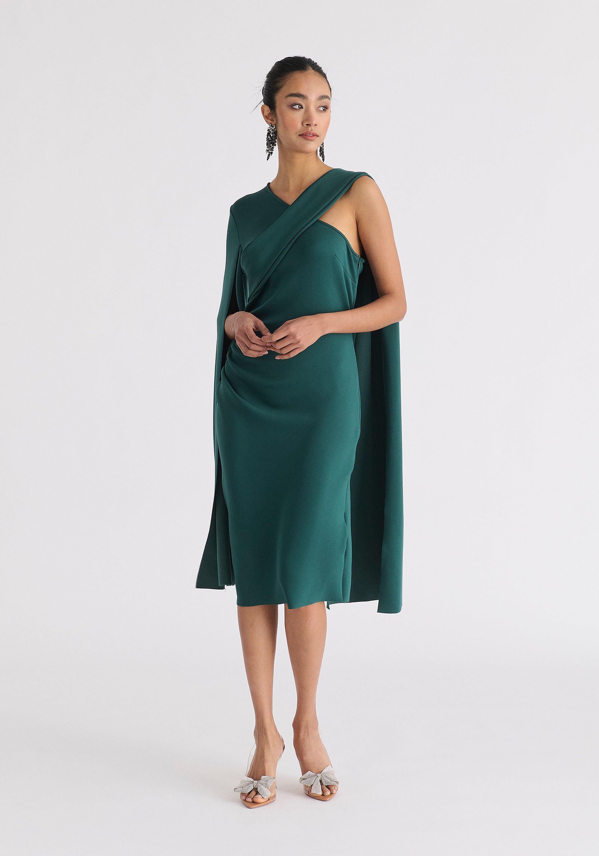 Asymmetric Draped Cape Sleeve Dress in Green