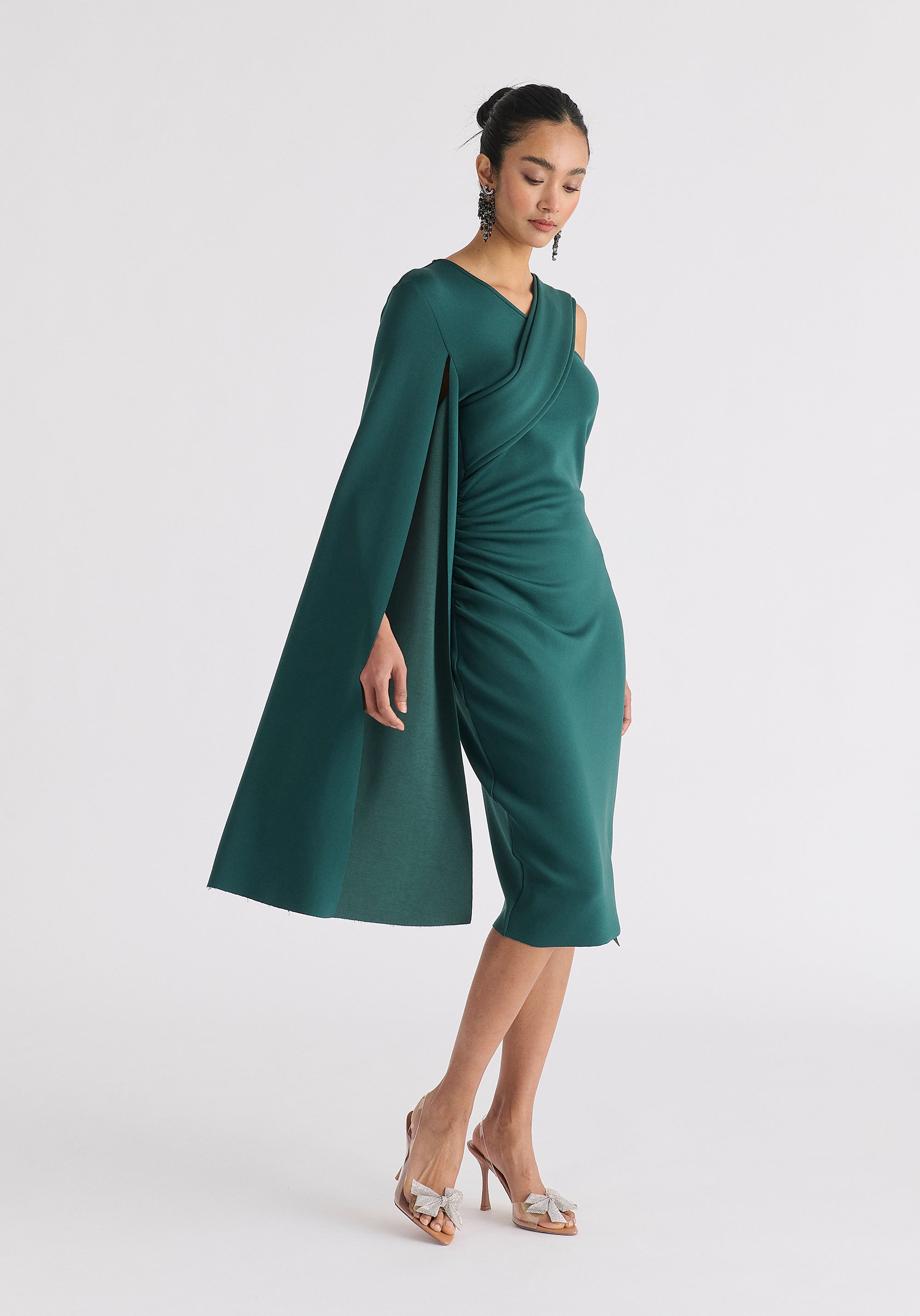 Asymmetric Draped Cape Sleeve Dress in Green Side