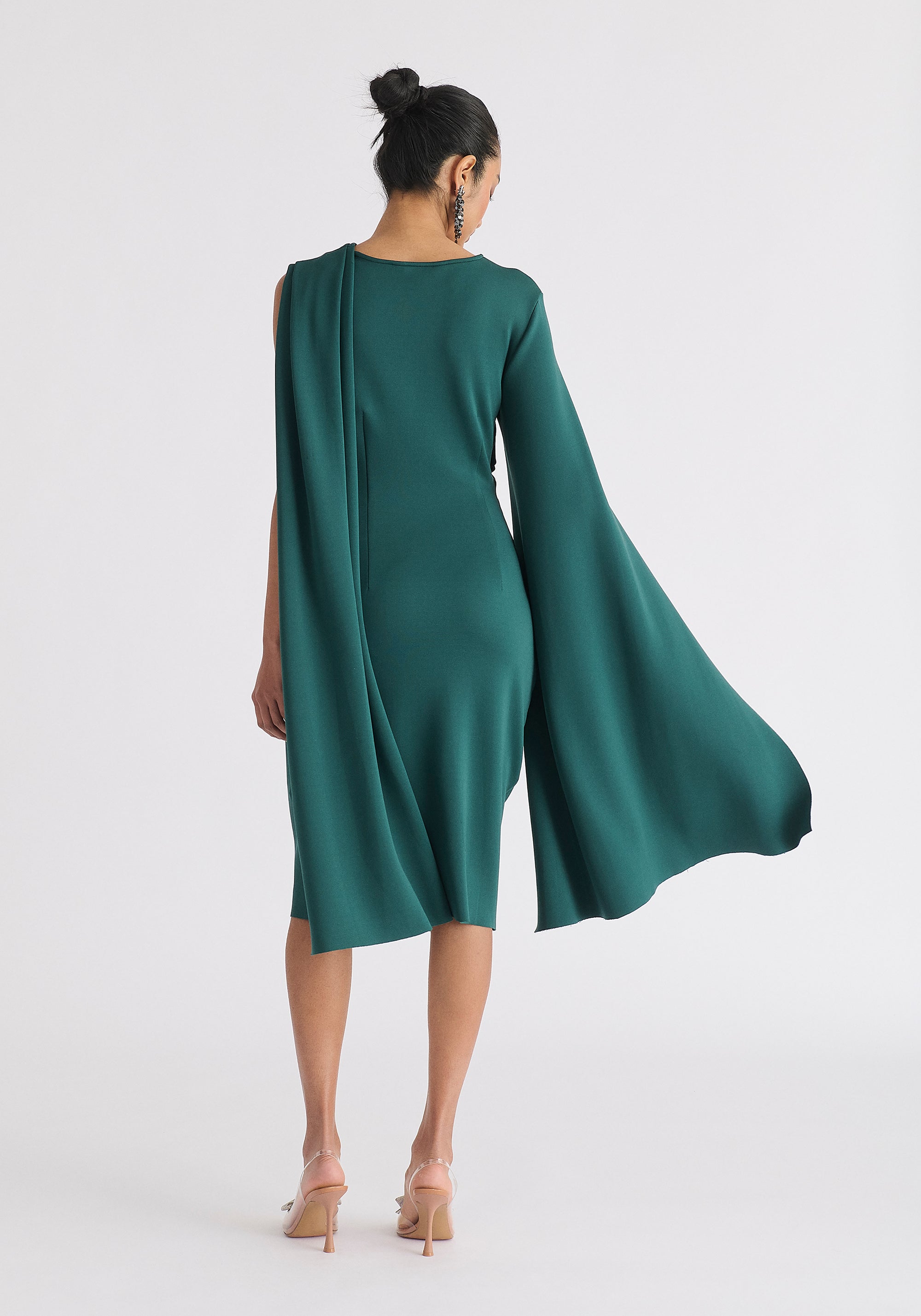 Asymmetric Draped Cape Sleeve Dress in Green Back