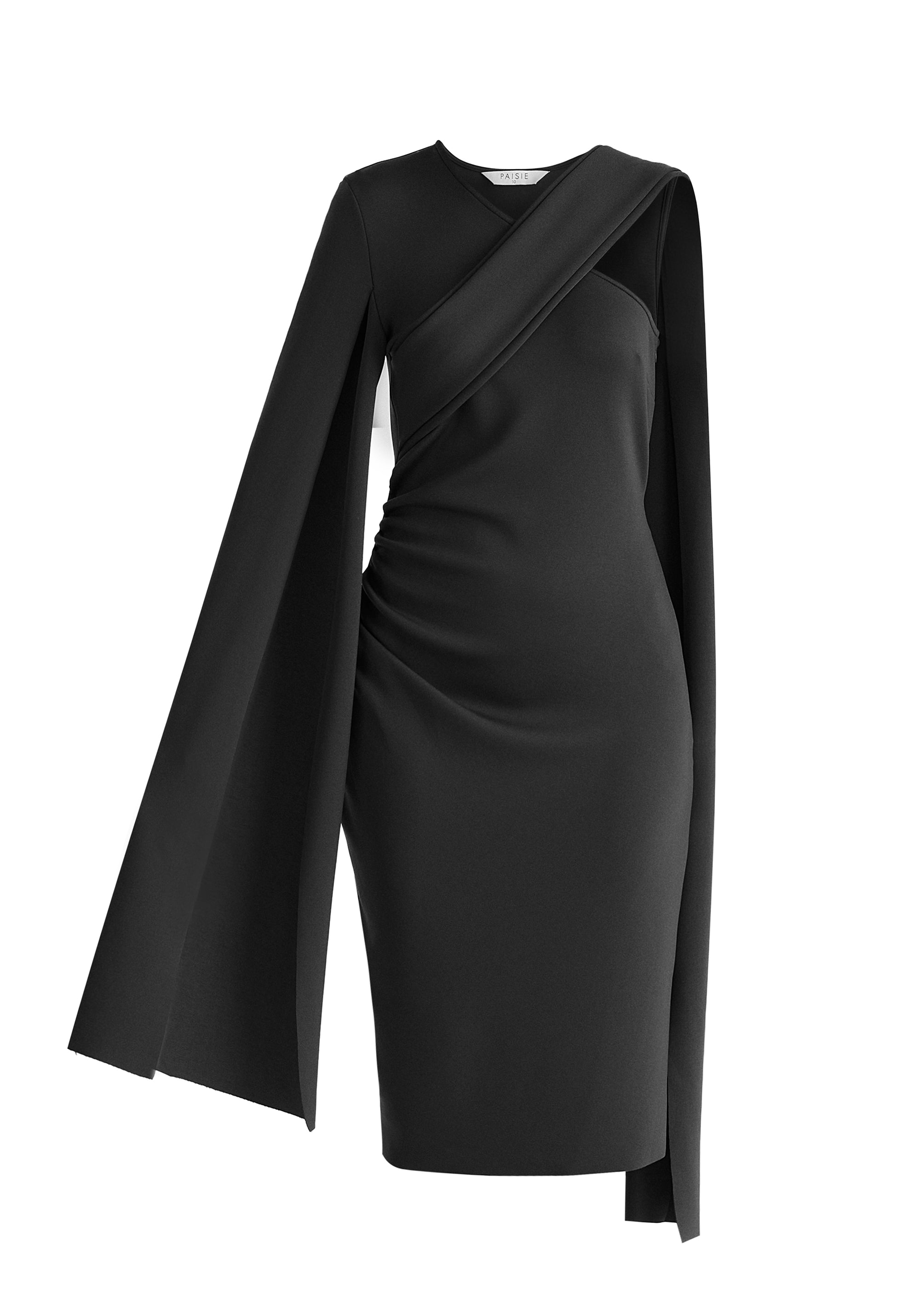 Asymmetric Draped Cape Sleeve Dress in Black Cut Out