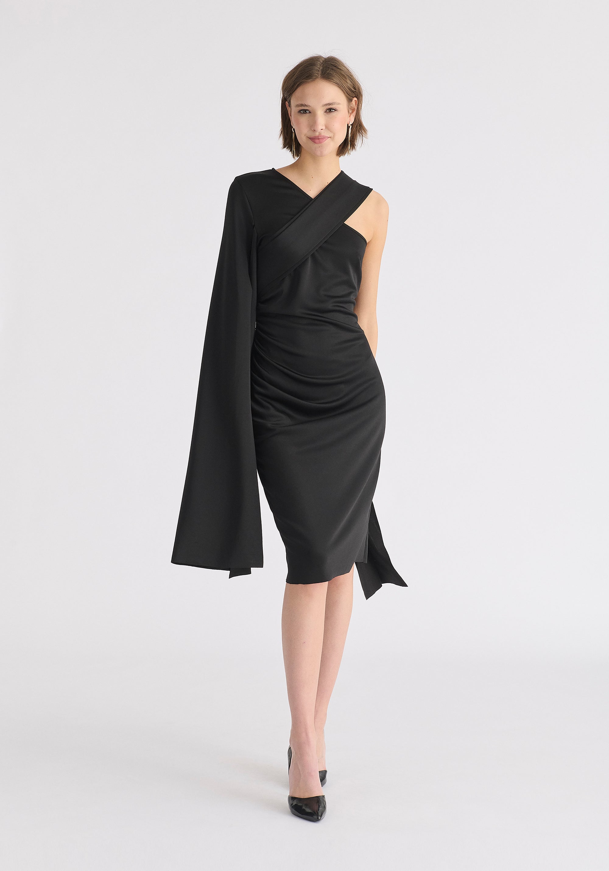 Asymmetric Draped Cape Sleeve Dress in Black