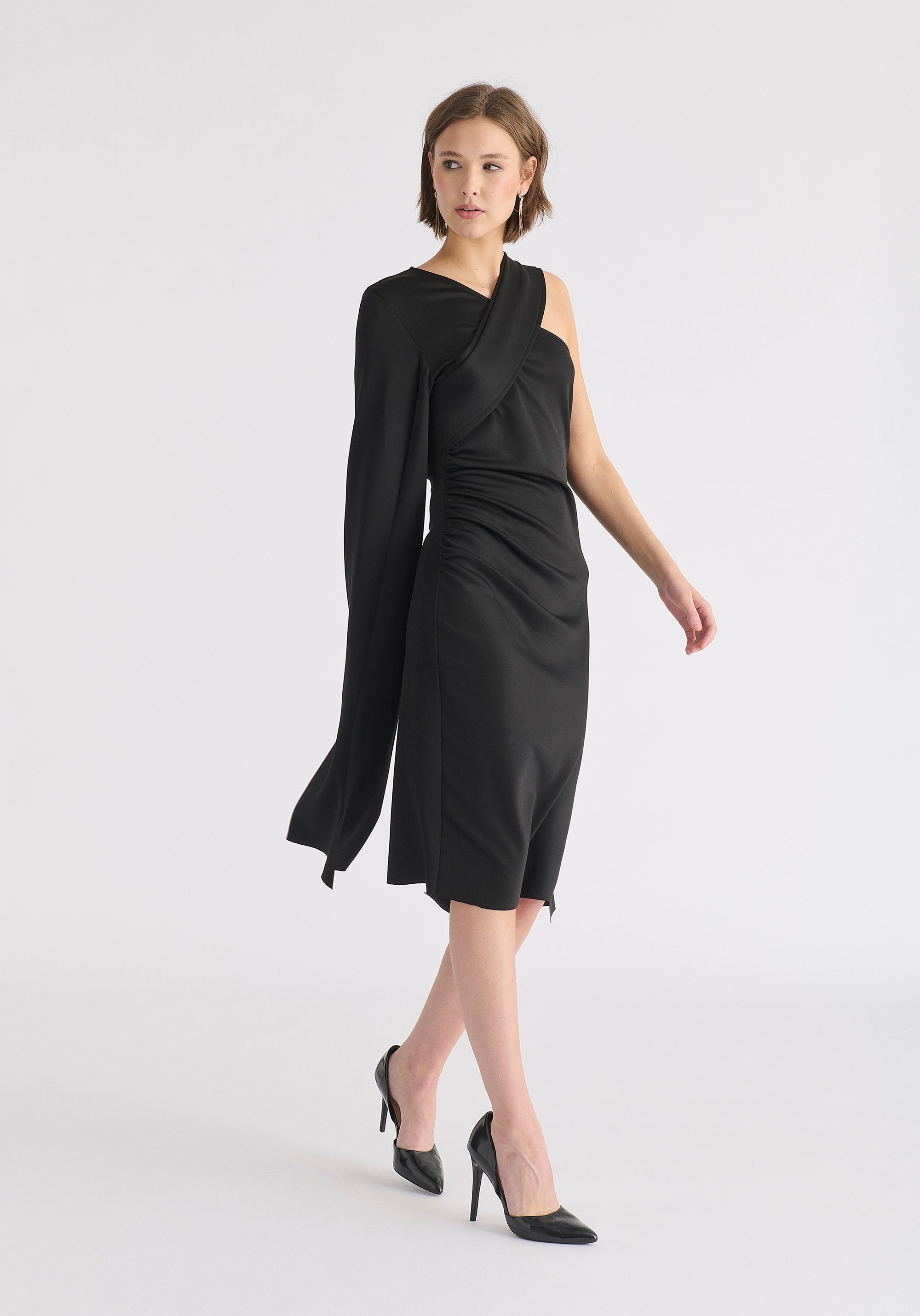 Asymmetric Draped Cape Sleeve Dress in Black Side