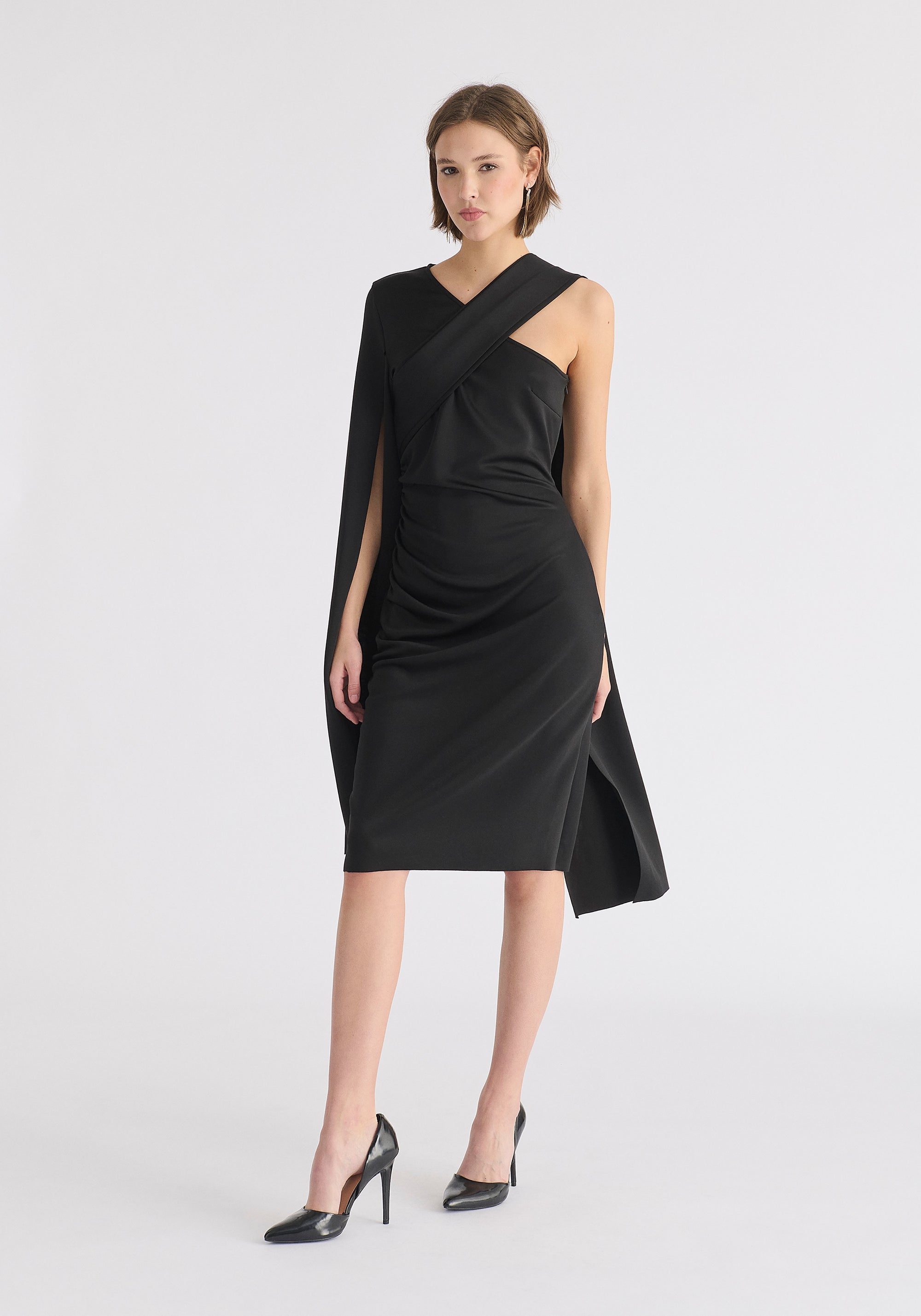 Asymmetric Draped Cape Sleeve Dress in Black