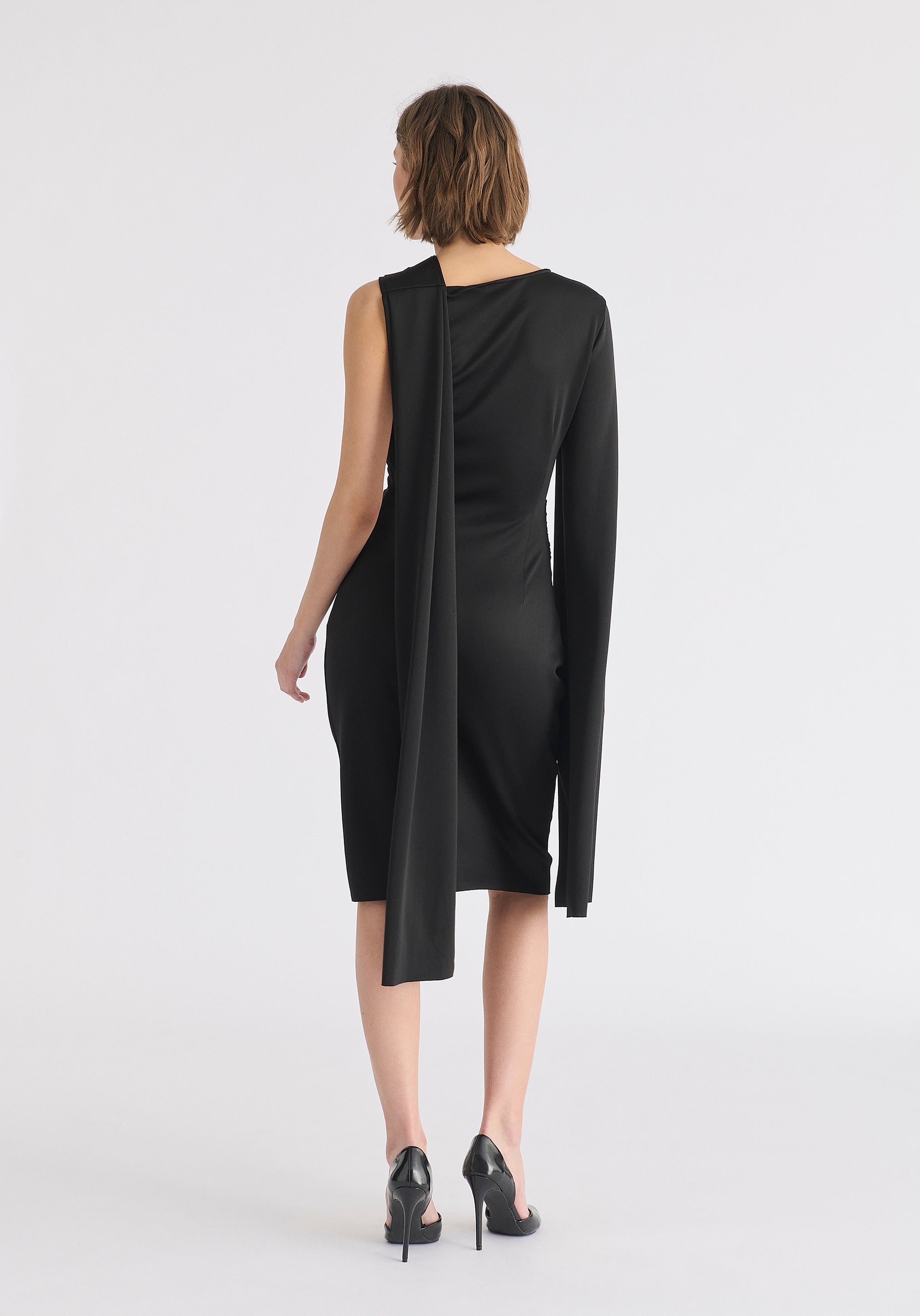 Asymmetric Draped Cape Sleeve Dress in Black Back