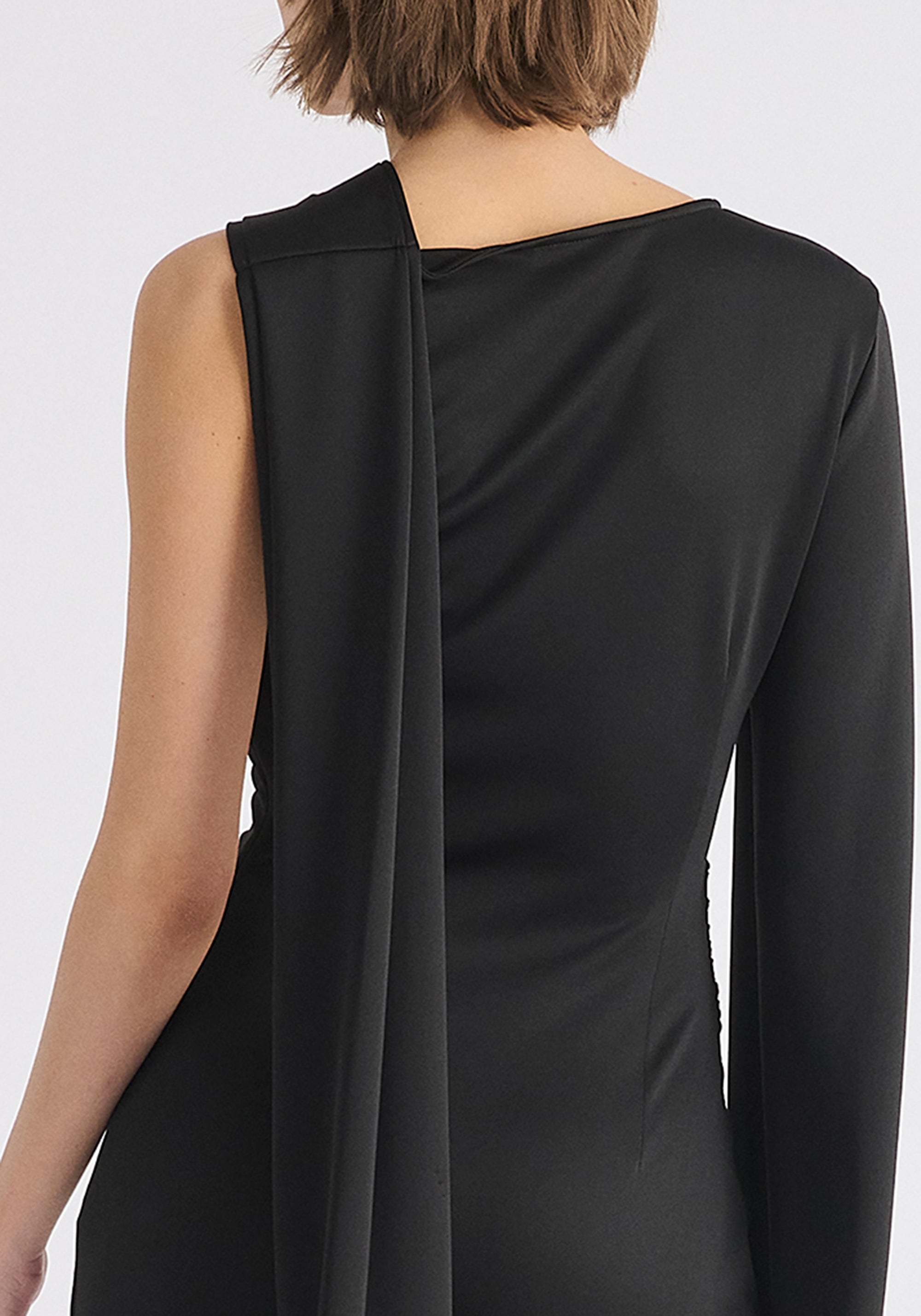 Asymmetric Draped Cape Sleeve Dress in Black Close Up