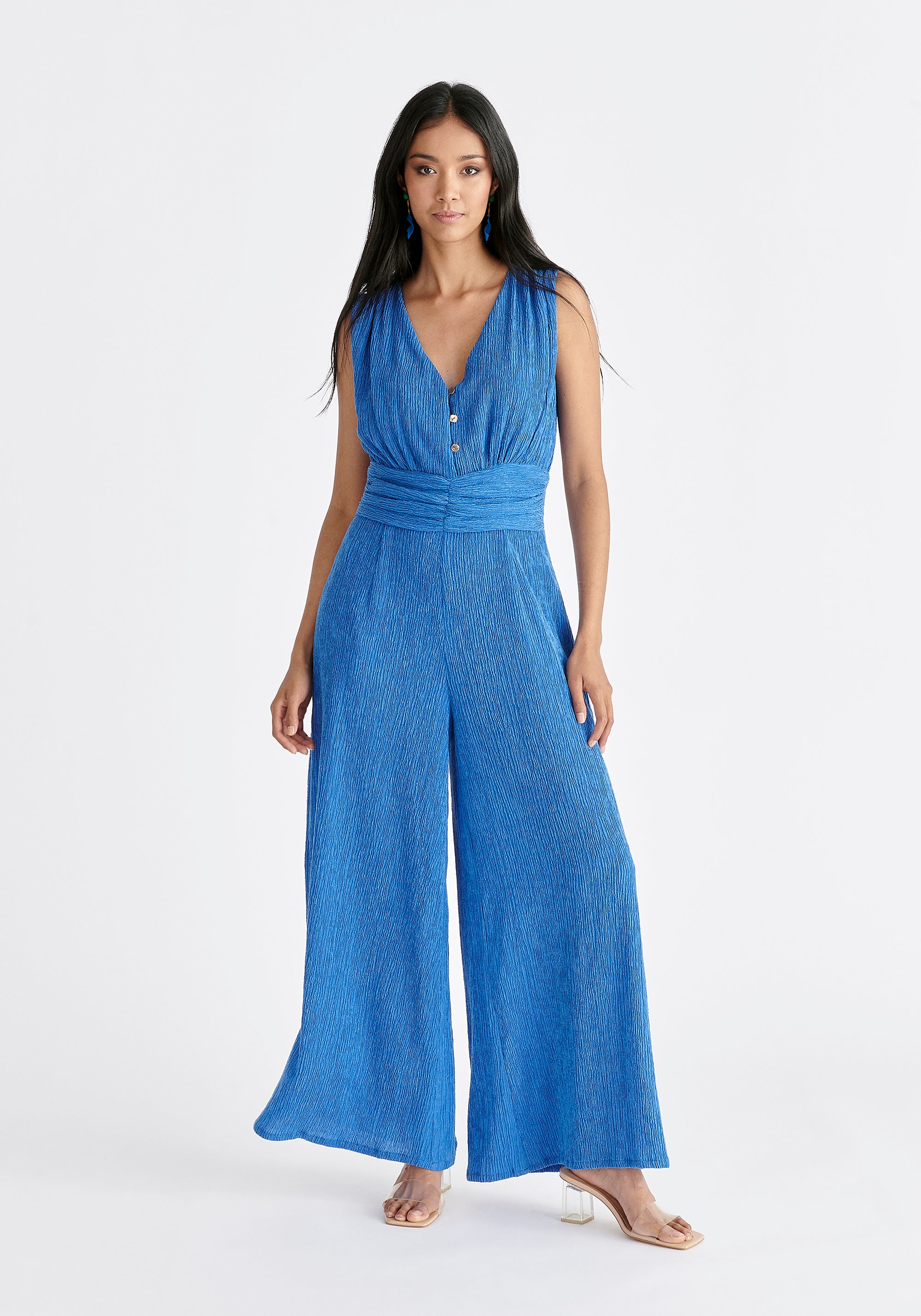 Textured Back-Tie Jumpsuit in Blue