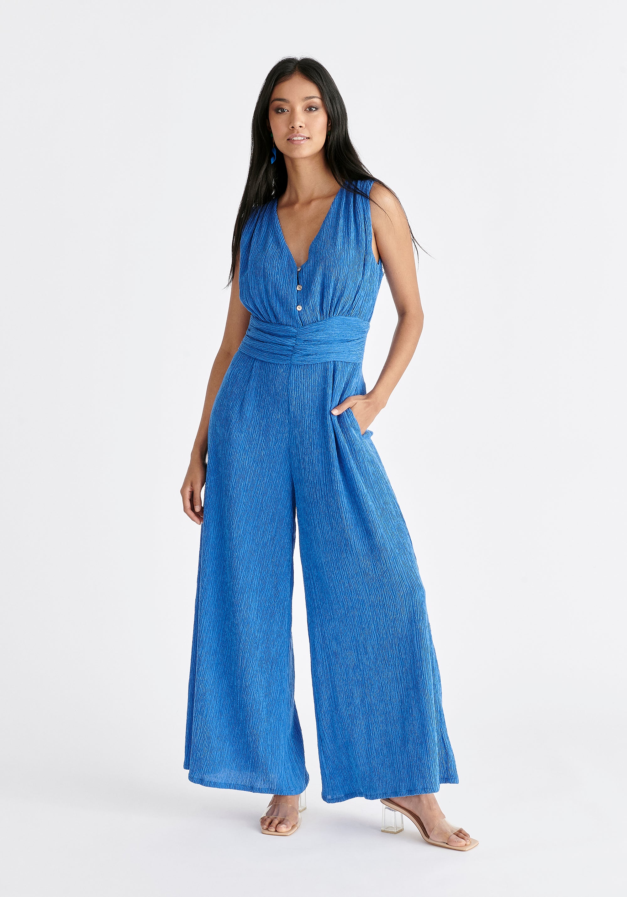 Textured Back-Tie Jumpsuit in Blue