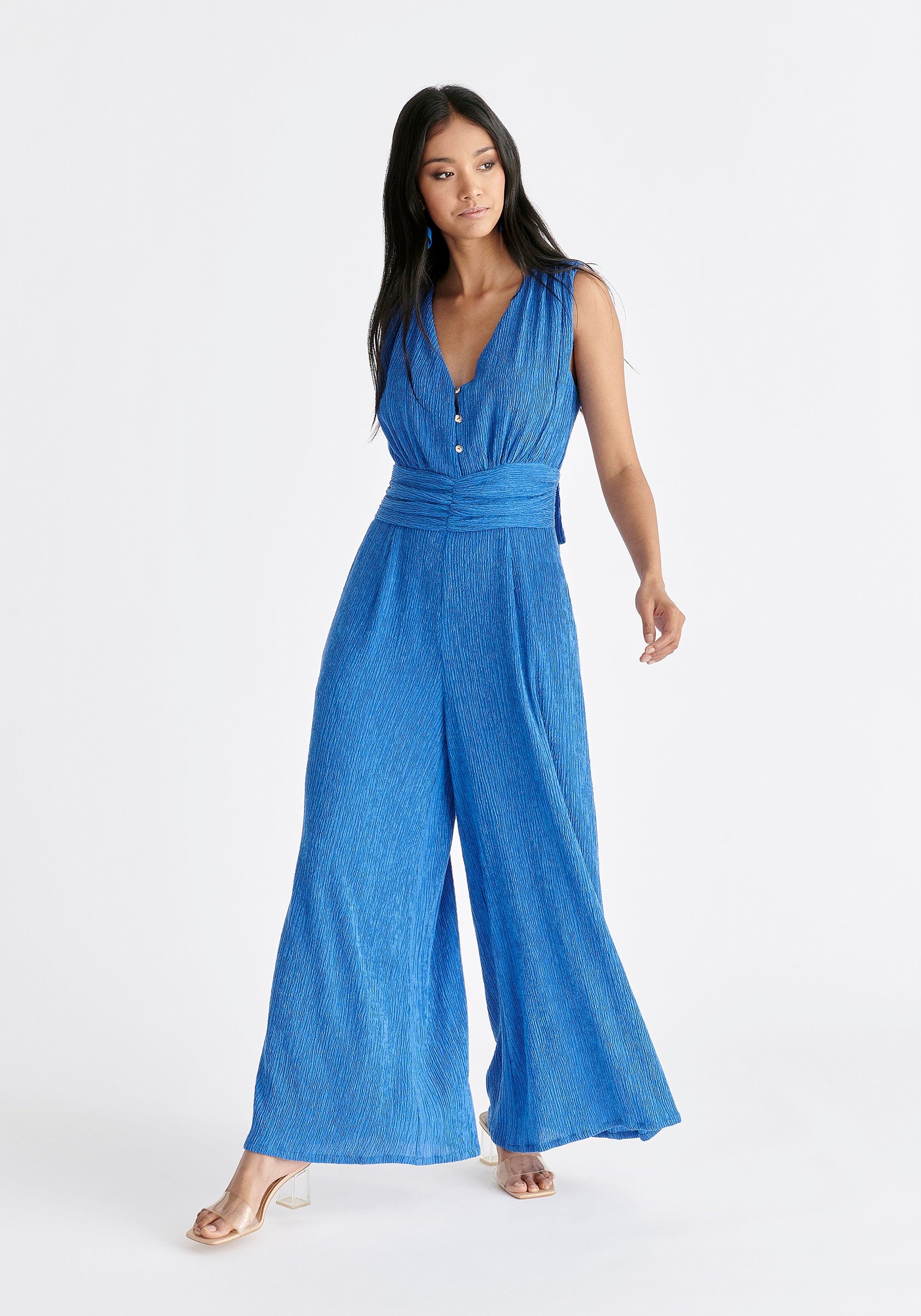 Textured Back-Tie Jumpsuit in Blue