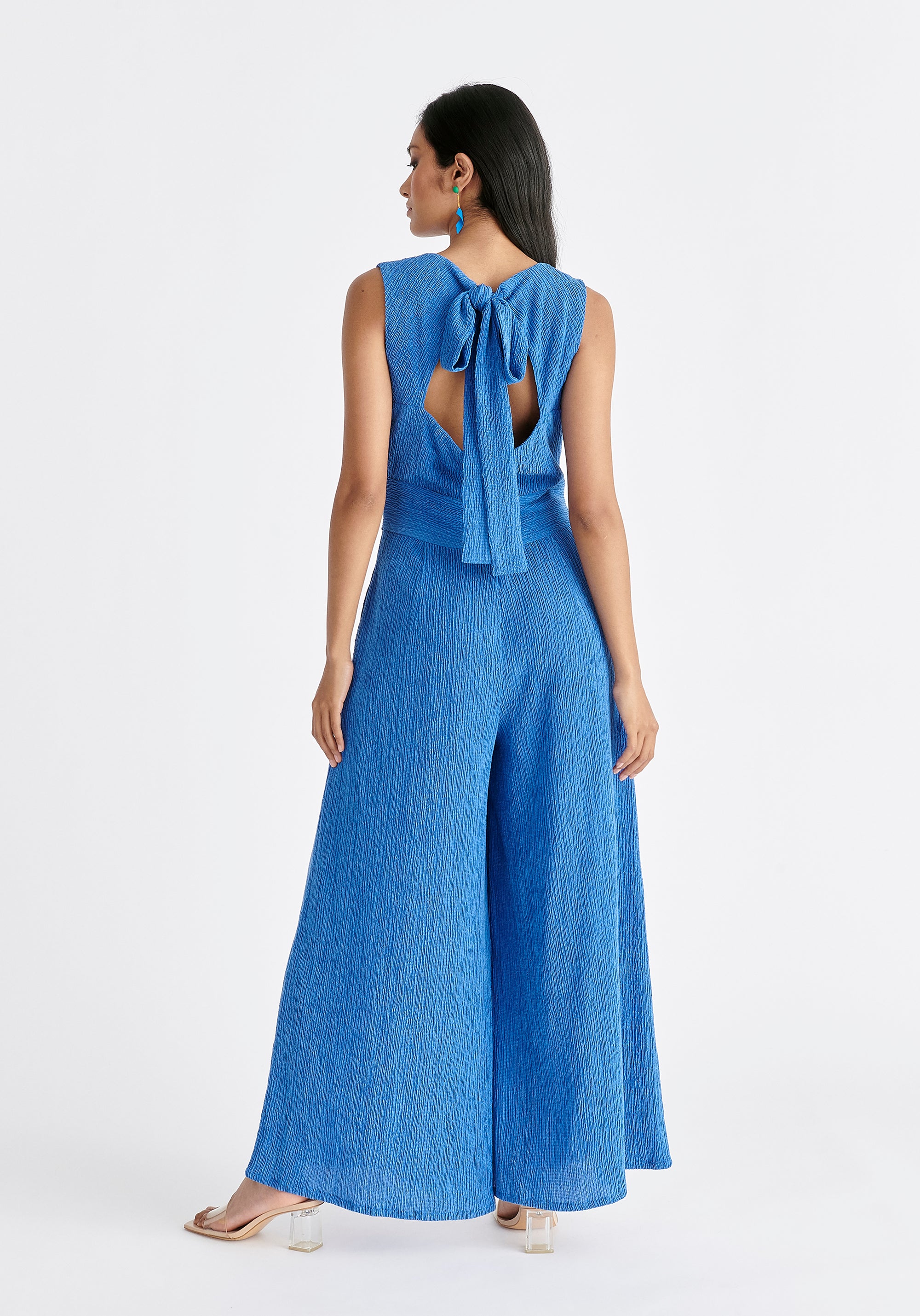 Textured Back-Tie Jumpsuit in Blue Back