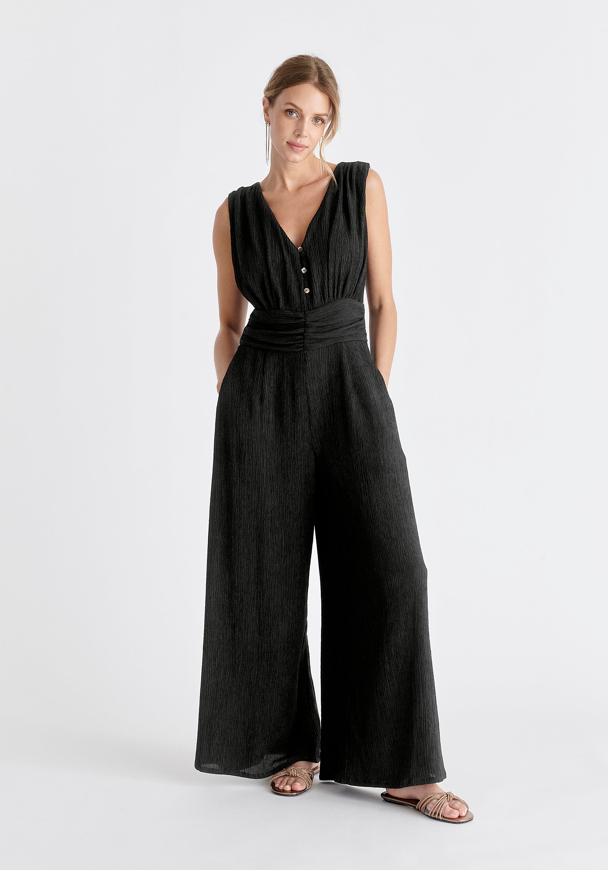 Textured Back-Tie Jumpsuit in Black