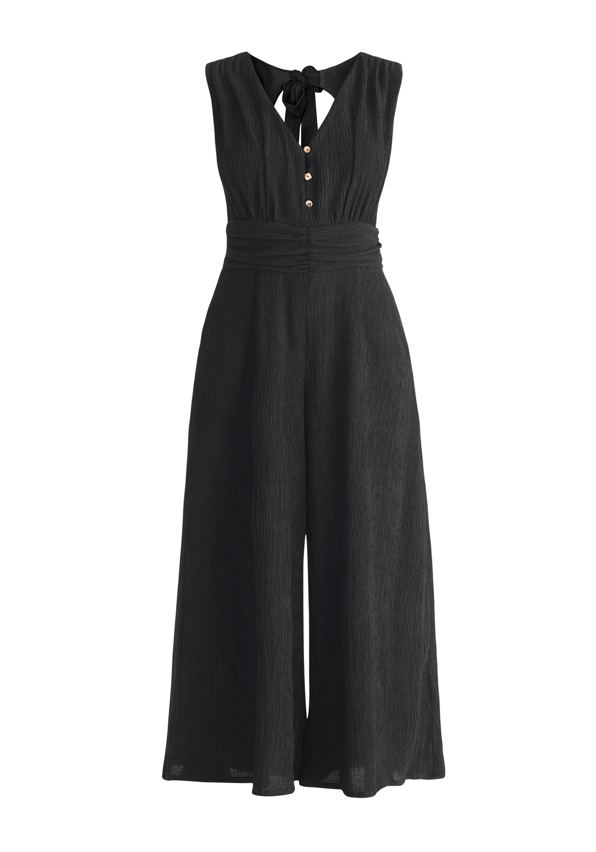 Textured Back-Tie Jumpsuit in Black Cut Out