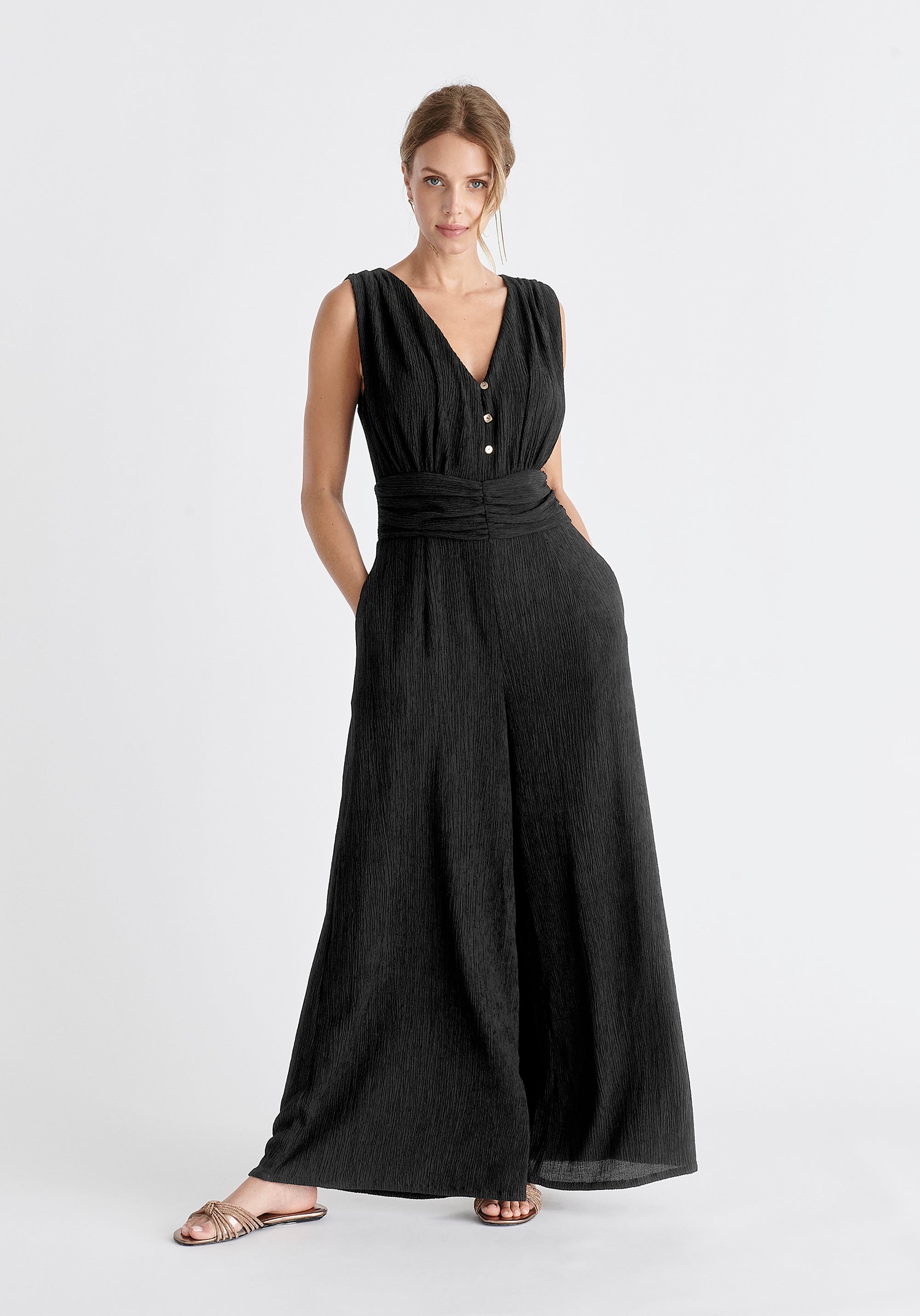 Textured Back-Tie Jumpsuit in Black