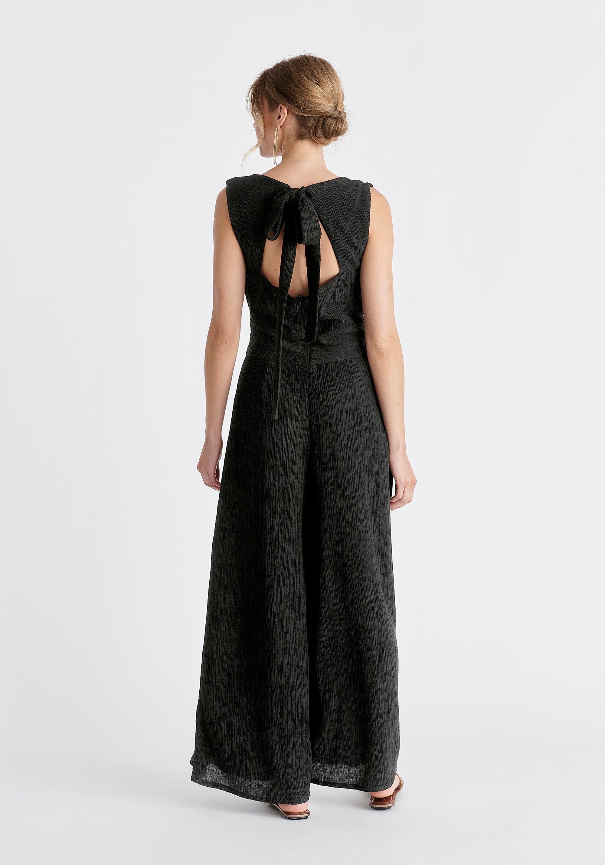 Textured Back-Tie Jumpsuit in Black Back