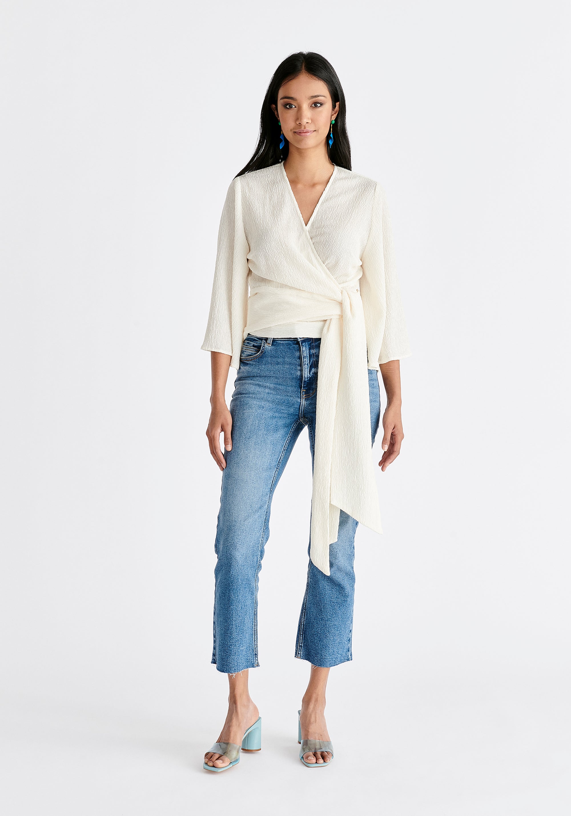 Textured Wrap Kimono Blouse in Off White