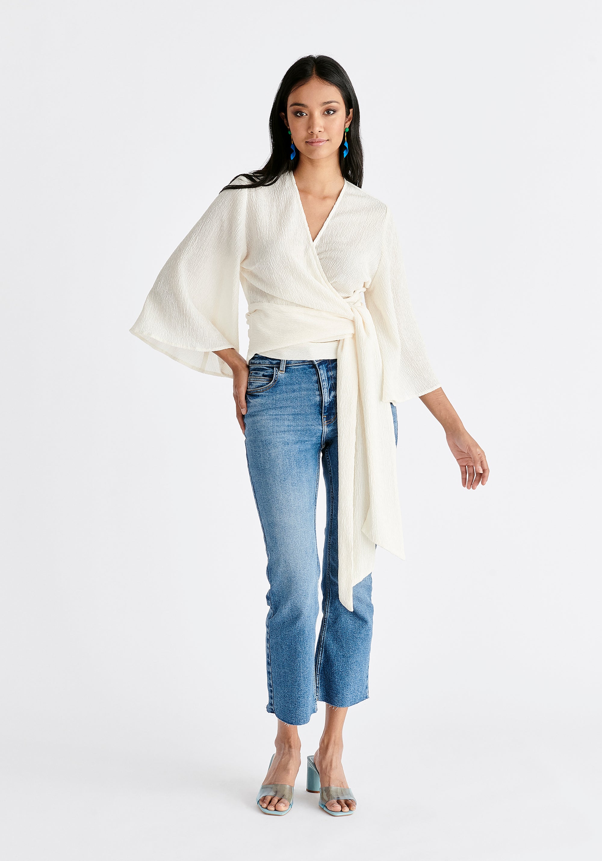 Textured Wrap Kimono Blouse in Off White