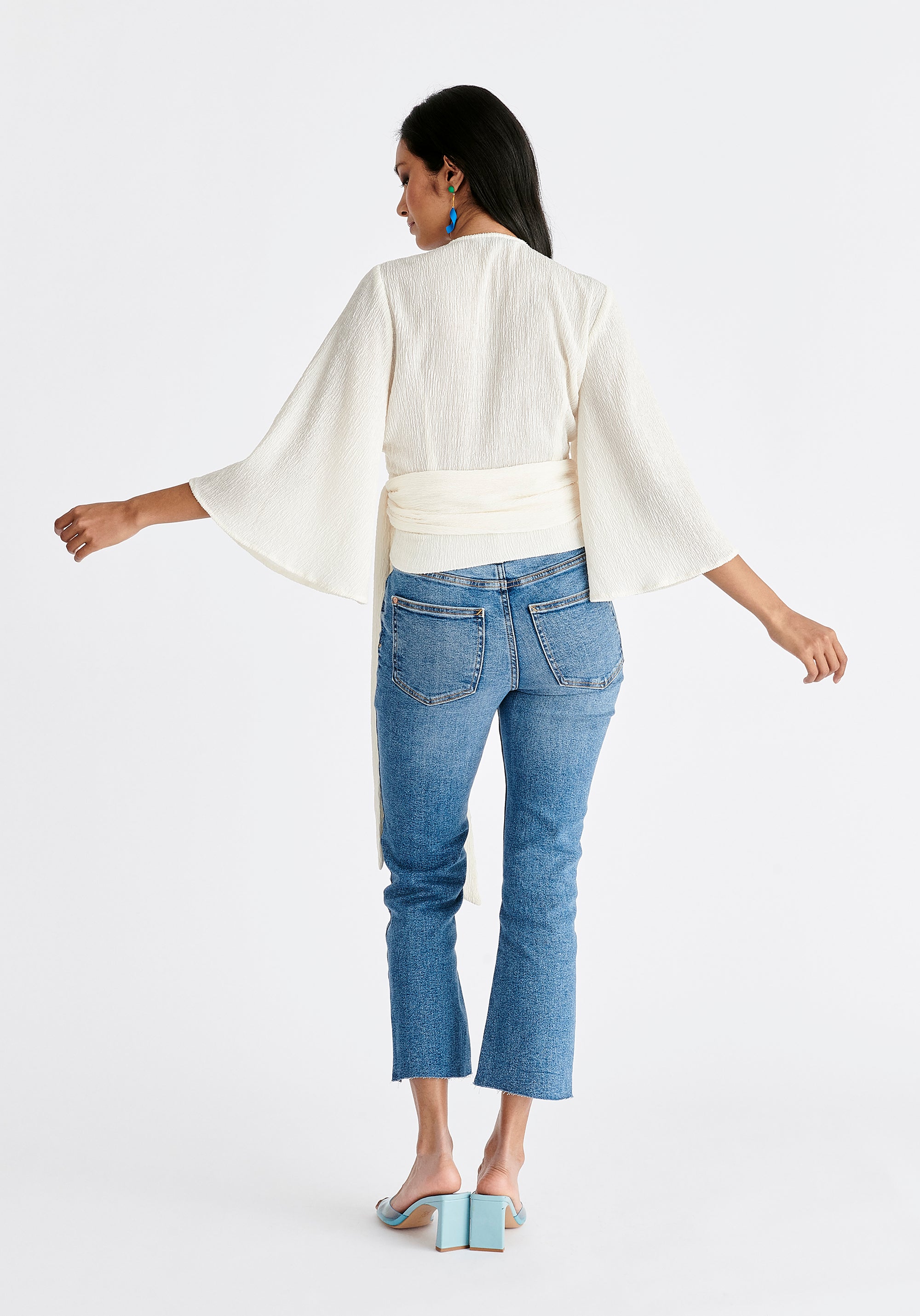 Textured Wrap Kimono Blouse in Off White Back