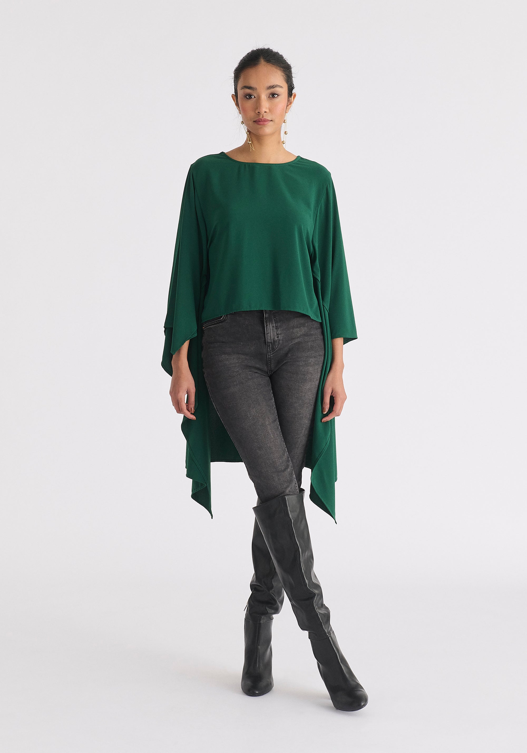 Round Neck Cape Top in Dark Green