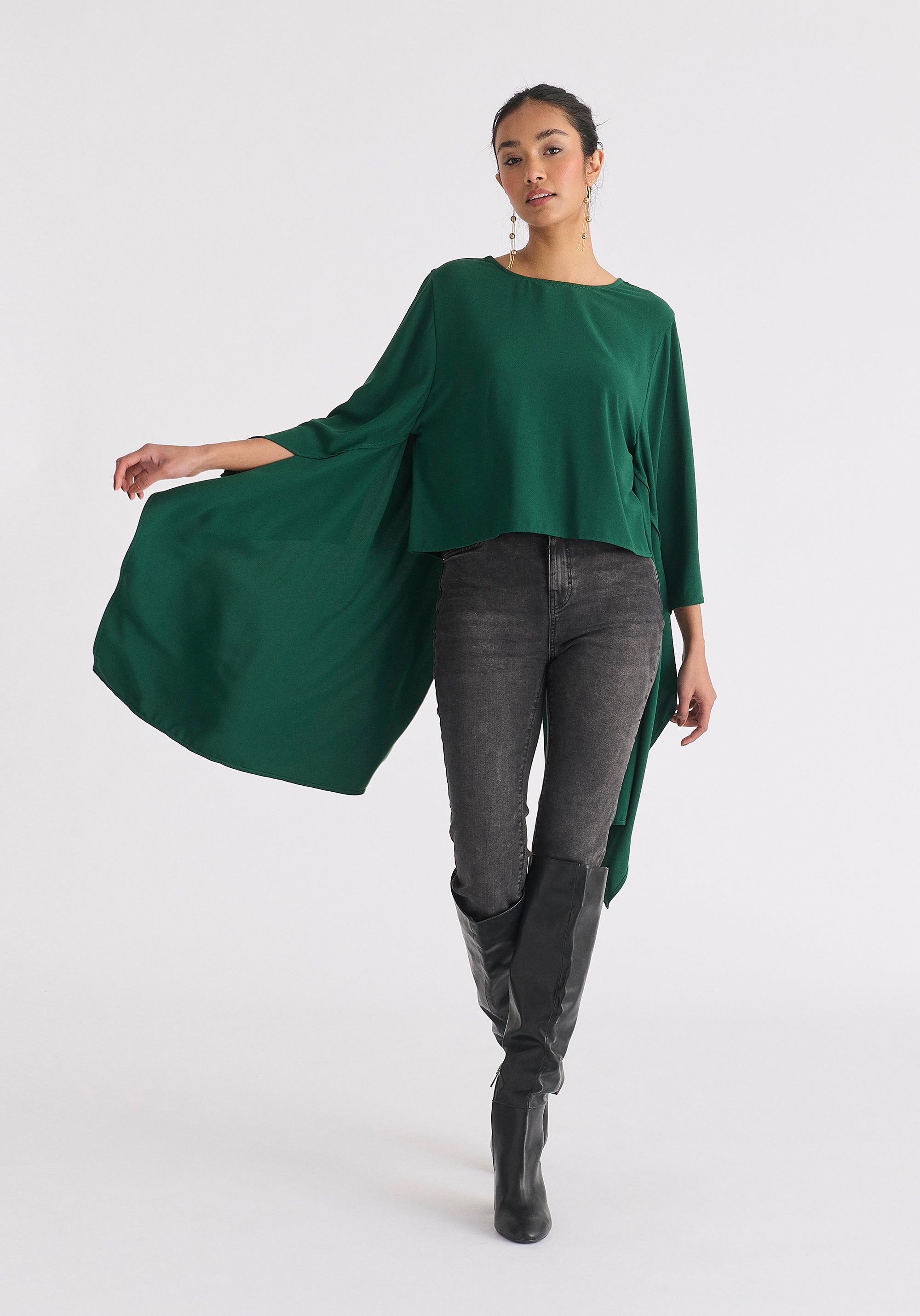 Round Neck Cape Top in Dark Green